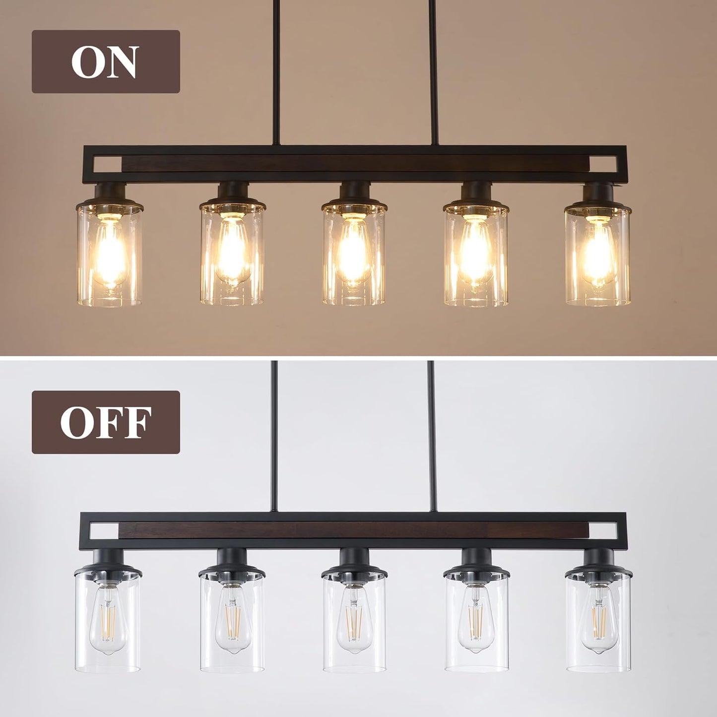 Farmhouse Linear Chandelier for Dining Room, Black Dining Room Light Fixture Over Table, Wood Island Light for Kitchen, 5-Light Pendant Lights for