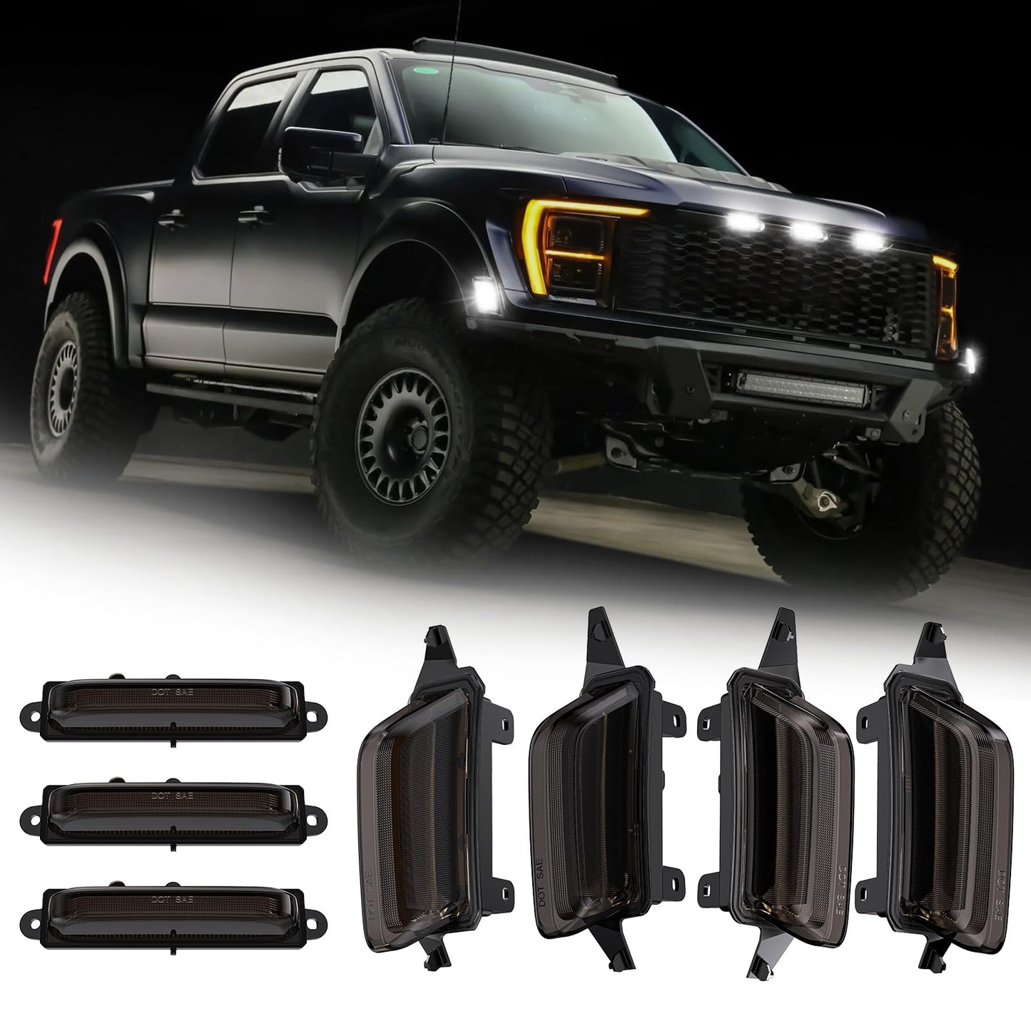 LED Front Grille Marker Lights for 2021-2026 Ford F150 Raptor A2|2021-2026 F150 Raptor|Smoked Len