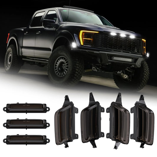 LED Front Grille Marker Lights for 2021-2026 Ford F150 Raptor A2|2021-2026 F150 Raptor|Smoked Len