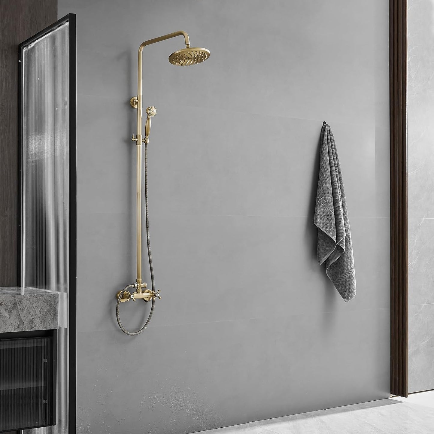 Antique Brass Outdoor Shower Kit, Exposed Pipe Shower System Set, Rainfall Outside Shower Features Two Handle High Pressure, Wall Mount (Antique