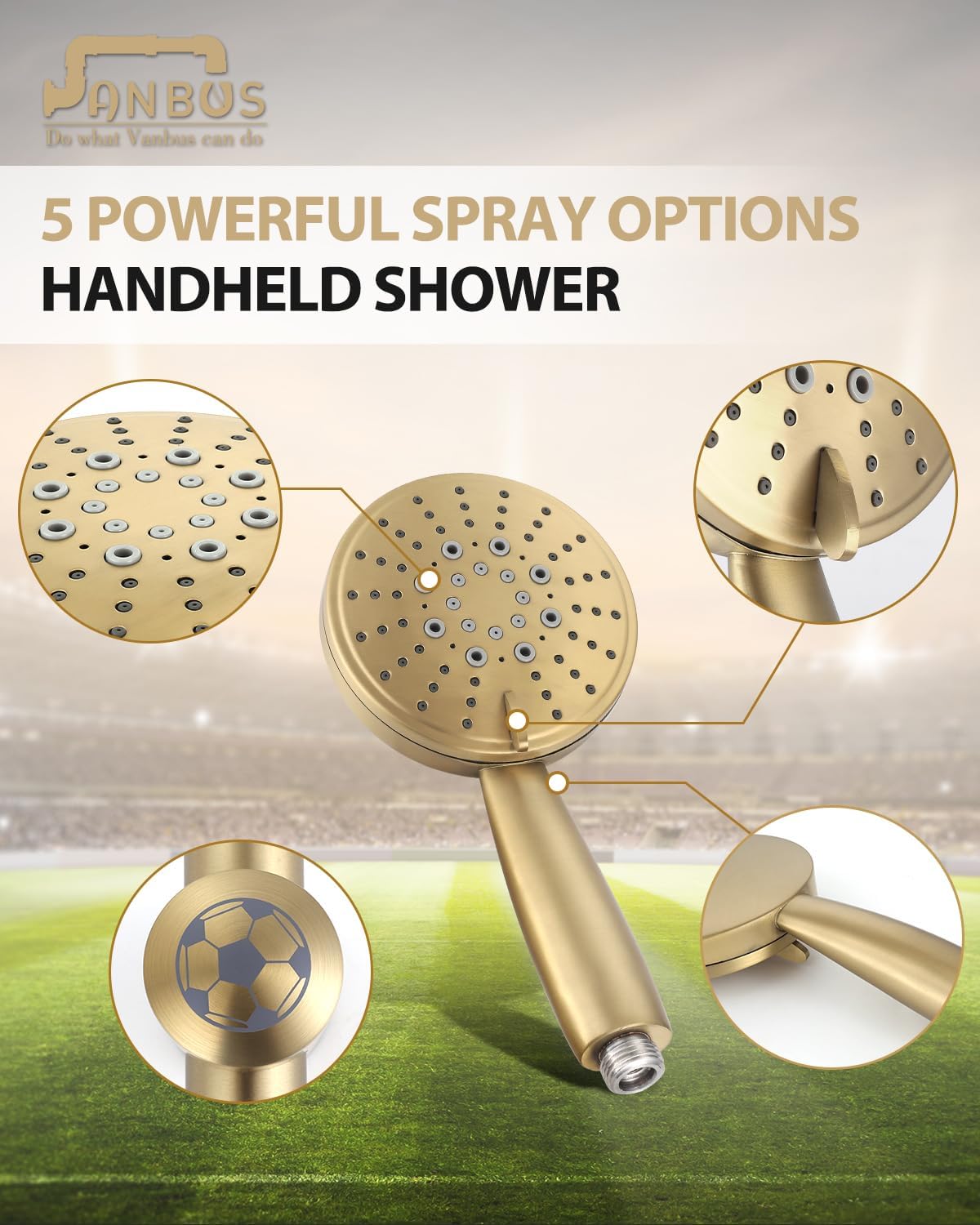 All Metal Shower Slide Bar System, 5-Function Handheld Shower Head with Slide bar, 304 Stainless Steel Hose with Brass