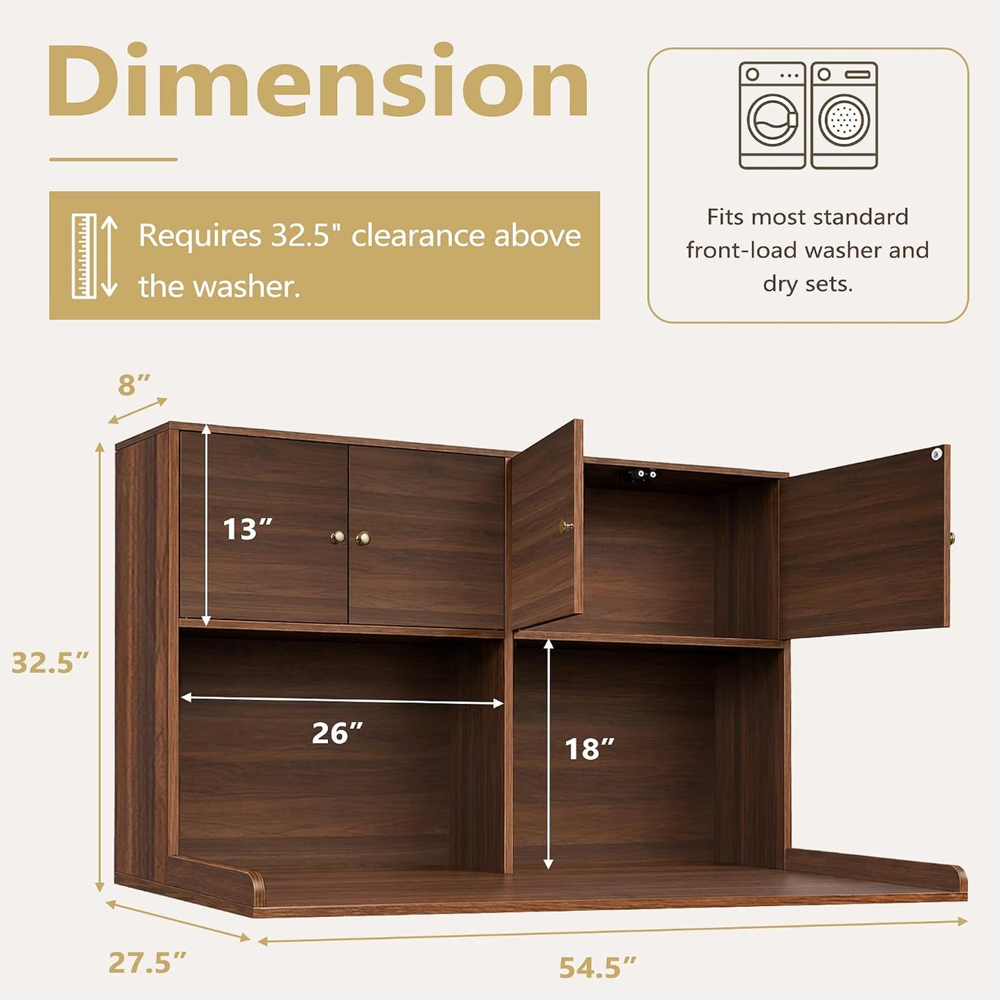 Washer Dryer Countertop with Cabinets, Laundry Countertop with Shelf, Washer and Dryer Topper with Edge, Over Washer and Dryer Shelves for Laundry Room Storage Organization, Universal Fit Walnut Dual