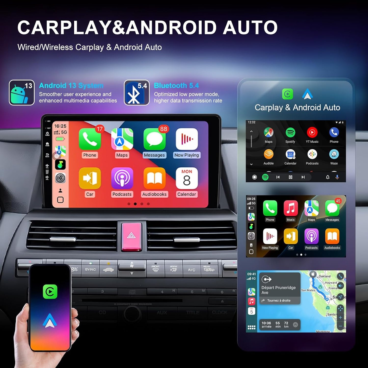 5G WiFi Car Radio for Honda Accord 8th 2008 2009 2010 2011 2012 2013,2＋64G Android 13 10" Touch Screen Head Unit with Wireless CarPlay & Android Auto,GPS Navigation,HD Backup Camera (2Ram 64Rom)