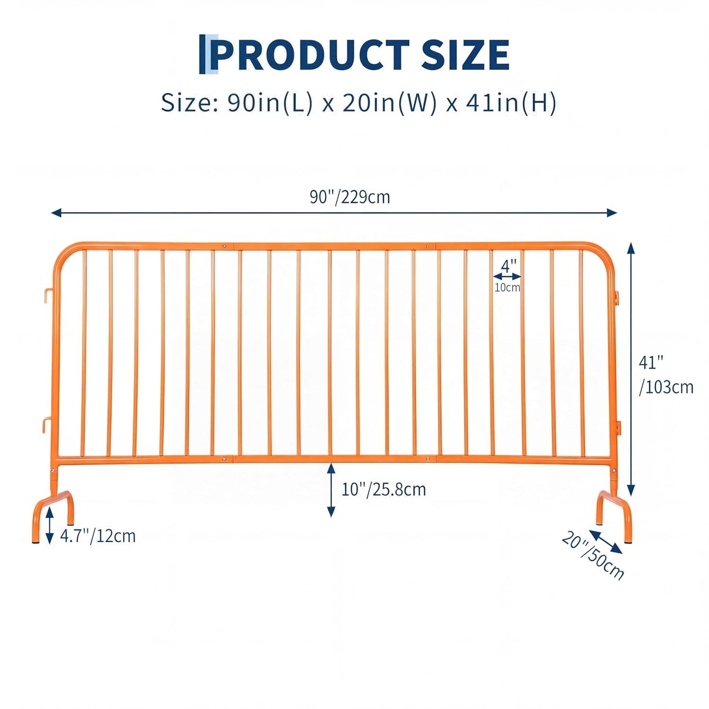 Interlocking Steel Barricade, 7.5 Ft. Heavy Duty Galvanized Metal Barricade, Interlocking Steel Road Barriers with with Bridge Feet Base, for Crowd Control Event Fencing Indoor/Outdoor, Orange