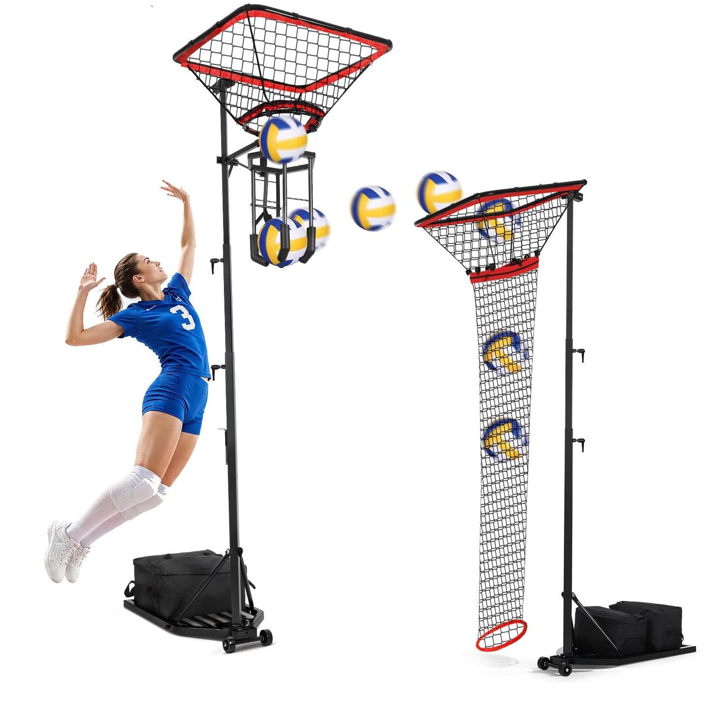 HVDI Volleyball Setter & Spike Trainer System, Heavy Duty Volleyball Training Aid Set – 88LB Sandbag Base with Dual Wheels for Easy Mobility, Adjustable Hitter & Receiver Combo System 93"
