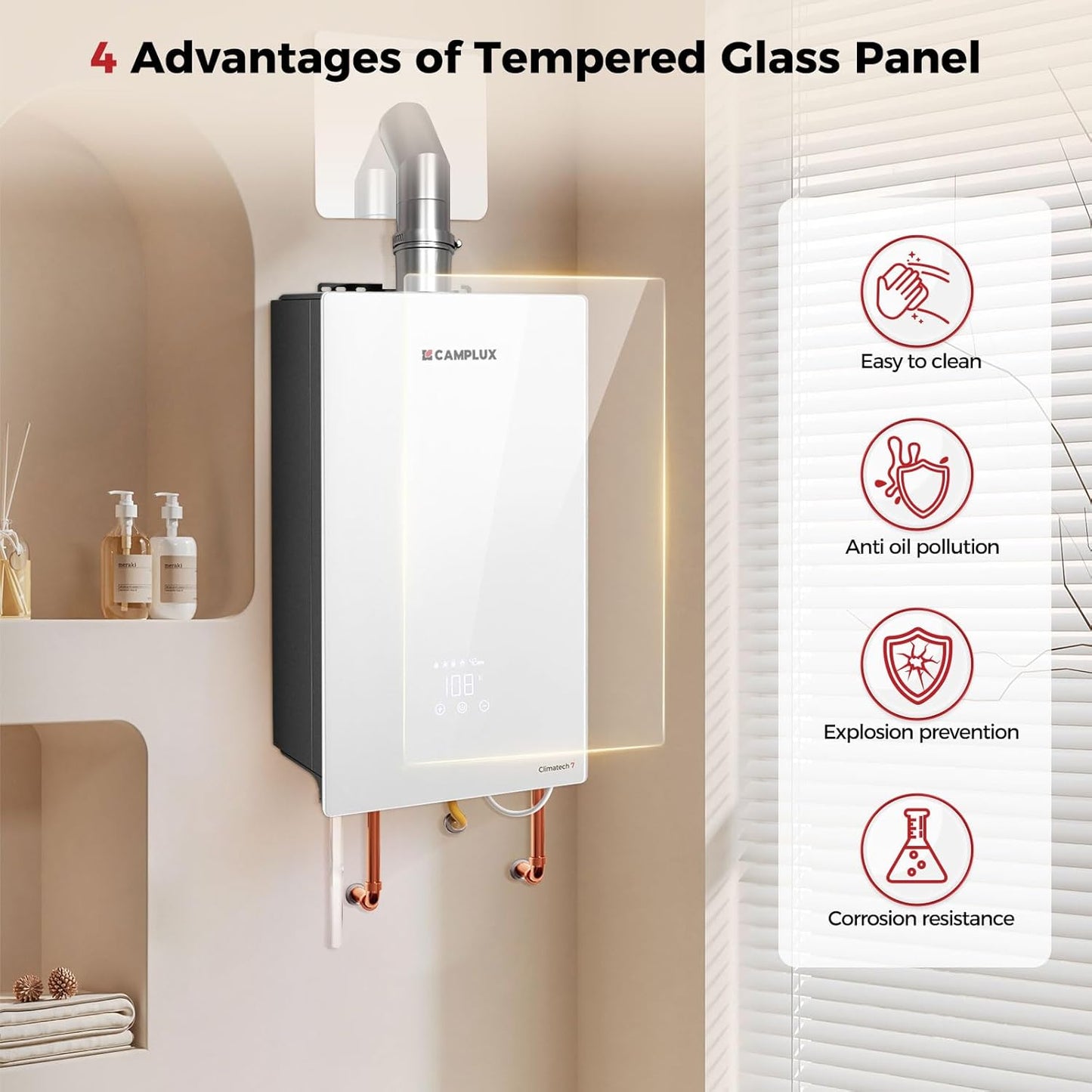 Tankless Water Heater Gas, 6.86 GPM Instant Hot Water Heater Natural Gas, 170,000 BTU Tankless Water Heater Gas with Tempered Glass Panel Touch