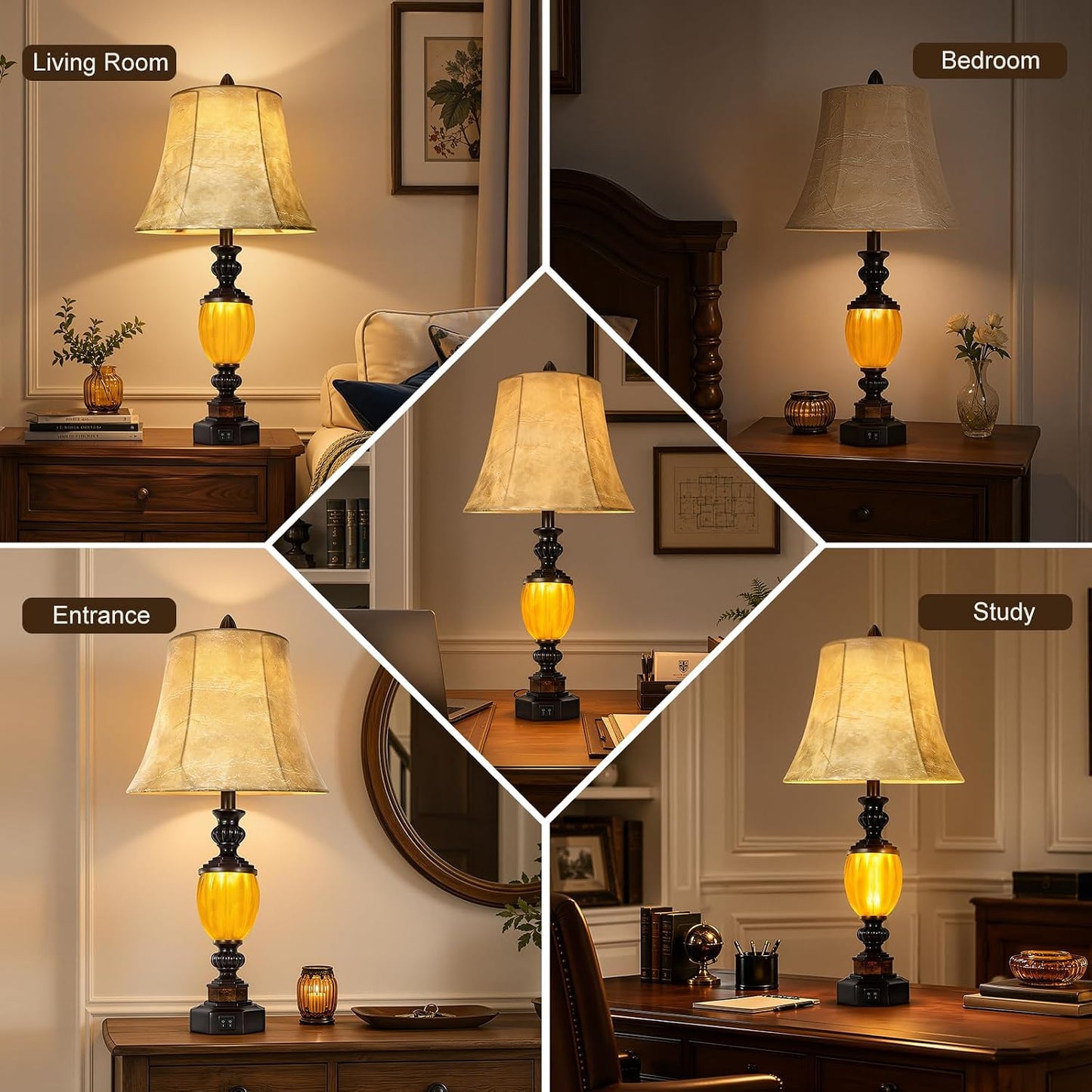 Scenekoy Resin Lamps for Nightstand, Table Lamp Set of 2 with Night Light