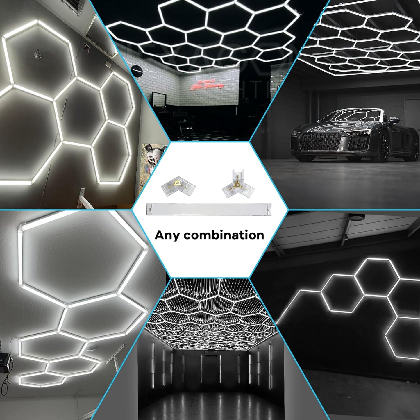 CDKMAX Hexagon LED Garage Light, Lightweight Super Bright 128W 18000LM 65000K Car Detailing Ceiling Lights,3 Honeycomb Grids Systems Hexagon LED