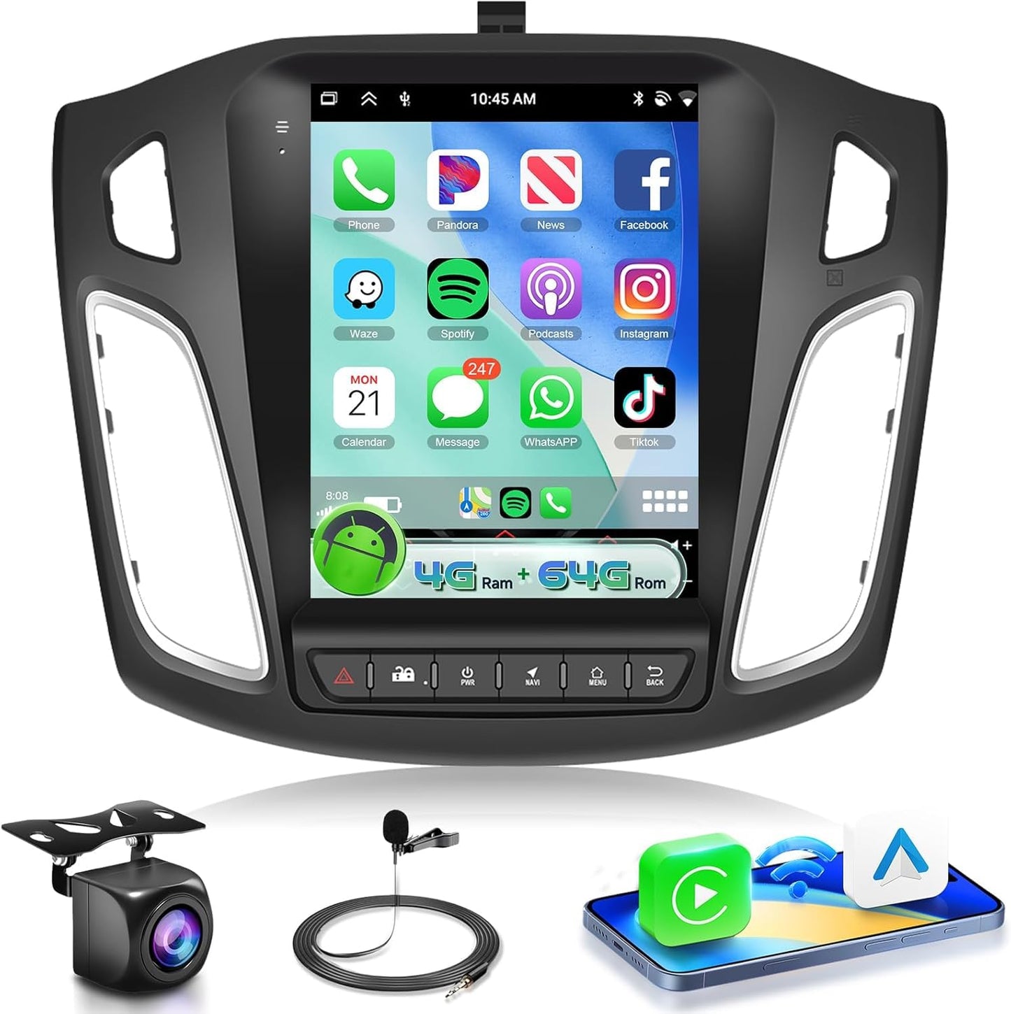 4G+64G Radio for Ford Focus 2012-2018 Car Stereo with Wireless Carplay Android Auto,Bluetooth5.0/32EQ 9.7 inch IPS Touch Screen Android 15 FM/RDS GPS WiFi AHD Backup Camera