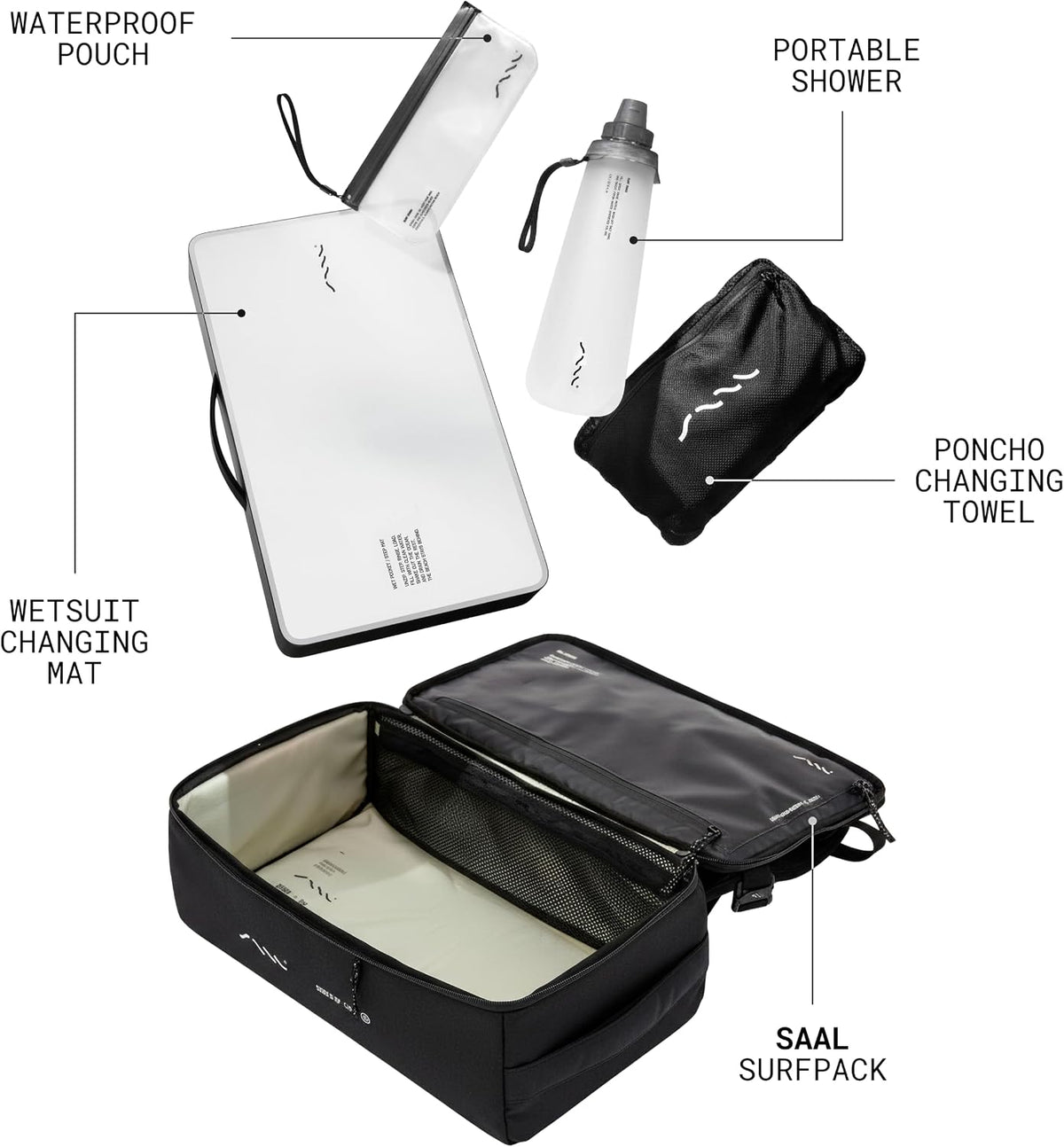 SAAL Surf Kit | Water-Resistant Backpack, Changing Poncho, Wetsuit Mat, Portable Shower & Waterproof Pouch