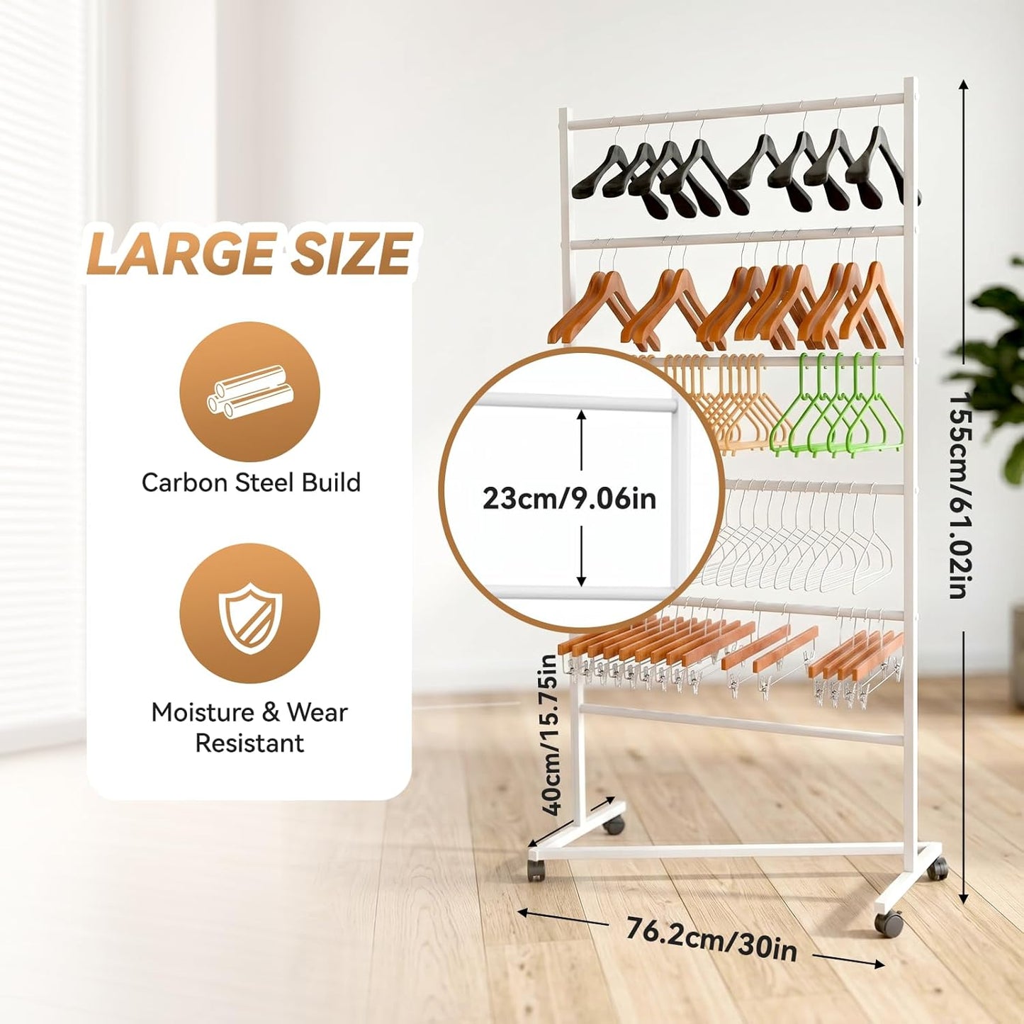 6 Tier Z-Truck Clothing Hanger Storage System, Efficiently Organize Standard Hangers, Skirt and Pant Hangers; Mobile Rack for malls, boutiques, Laundry Rooms; White, 61 x 30 x 15 in.