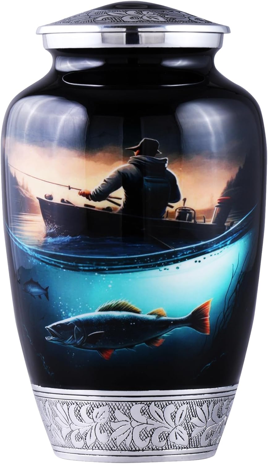 Handmade Adult Fishing Urn for Human Ashes – Large Cremation Urn for Men & Women with Velvet Bag, Memorial Funeral Urn for a Loved One,200Cubic Inch(Fishing Black, Adult) Fishing Black Adult