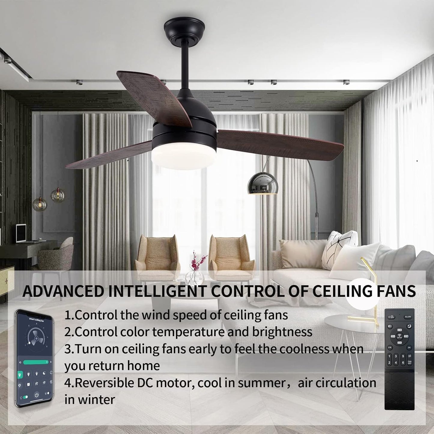 48 Inch Smart Ceiling Fans with Dimmable LED Lights, Black Modern Ceiling Fan with Remote/APP, Outdoor Wood Reversible Blade Ceiling Fans DC Quiet