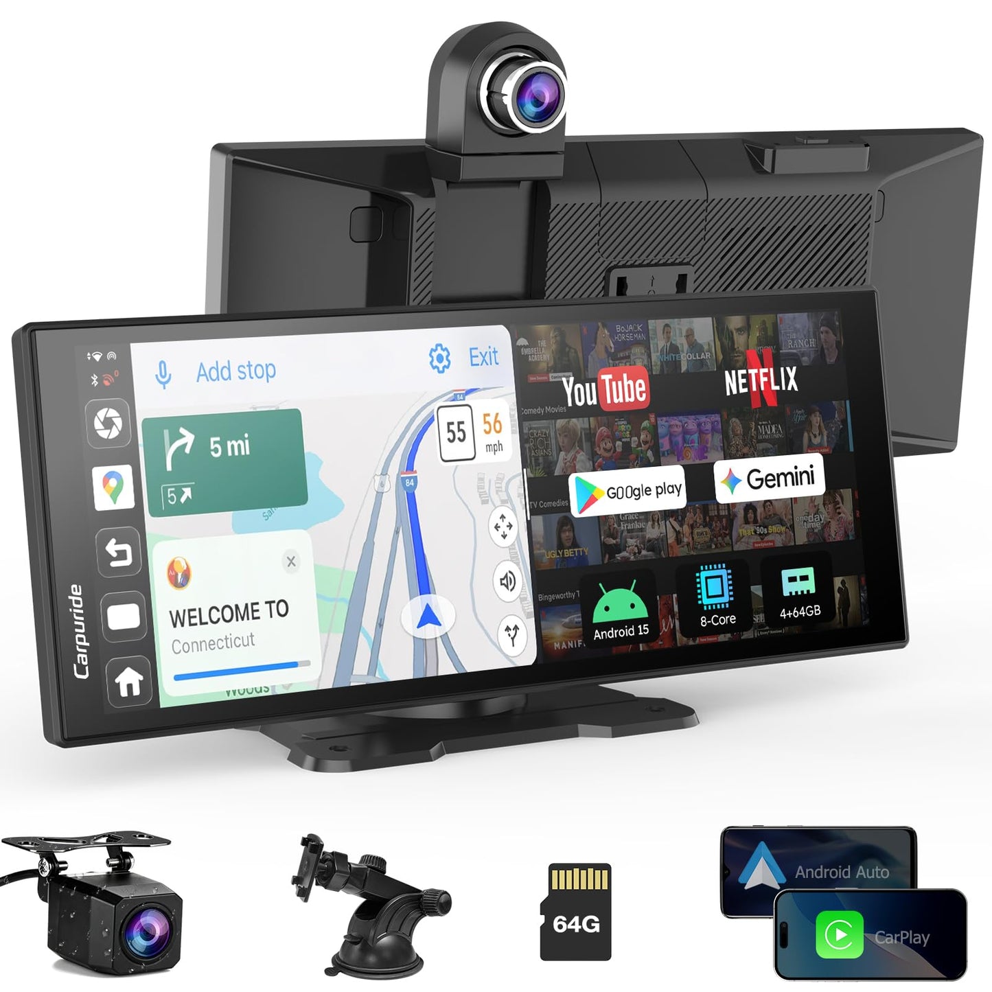 Carpuride 125PLUS CarPlay Screen for Car with AI Gemini & Download APPs, 11.26" Wireless Car Play Android Auto with Front & Backup Camera, Built-in GPS for Online and Offline Nav, Split Screen, OTA
