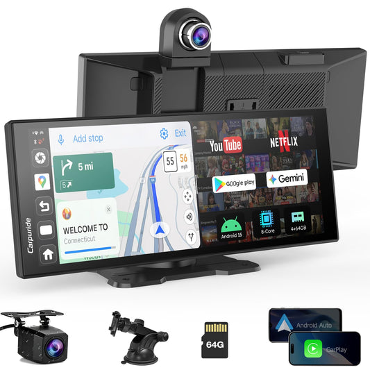 Carpuride 125PLUS CarPlay Screen for Car with AI Gemini & Download APPs, 11.26" Wireless Car Play Android Auto with Front & Backup Camera, Built-in GPS for Online and Offline Nav, Split Screen, OTA