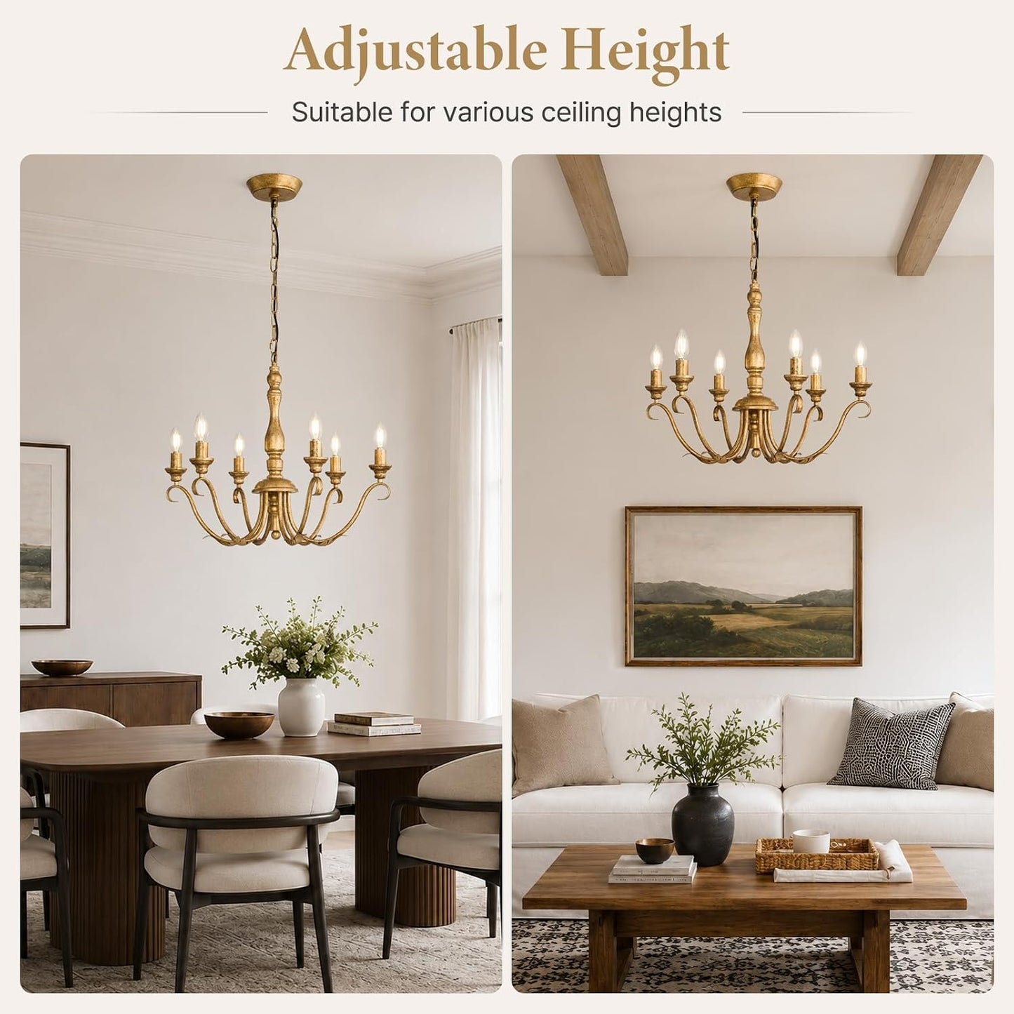 Farmhouse Vintage Antique Brass Chandelier - 6 Light Cottage Rustic Candle Chandeliers - Adjustable Chain Distressed Gold Pendant Lighting Fixture for Dining Room Living Room Kitchen Bedroom Entryway