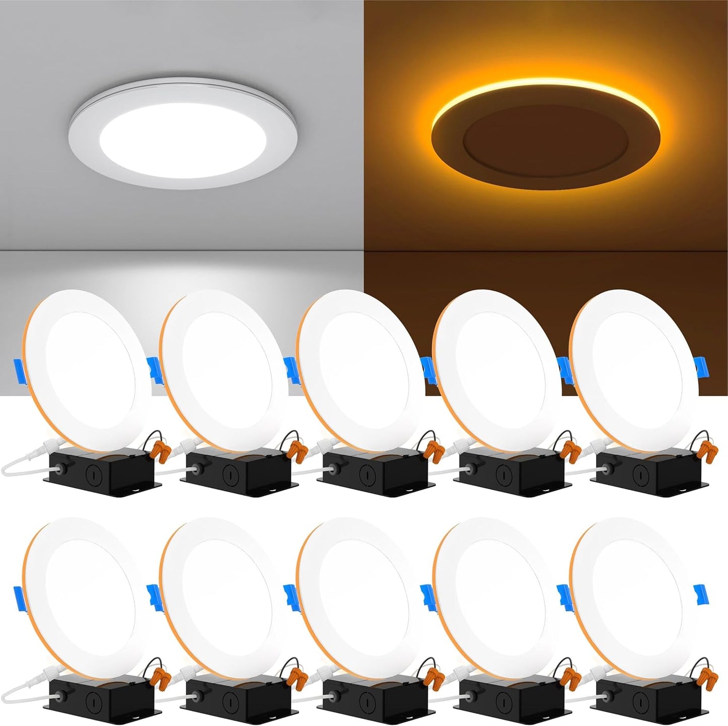 10 Pack 6 Inch Ultra Thin LED Recessed Ceiling Lights Slim with Night Light, 1500 LM, 6000K Daylight Deluxe, Dimmable, 15W, Wafer Thin, Canless with