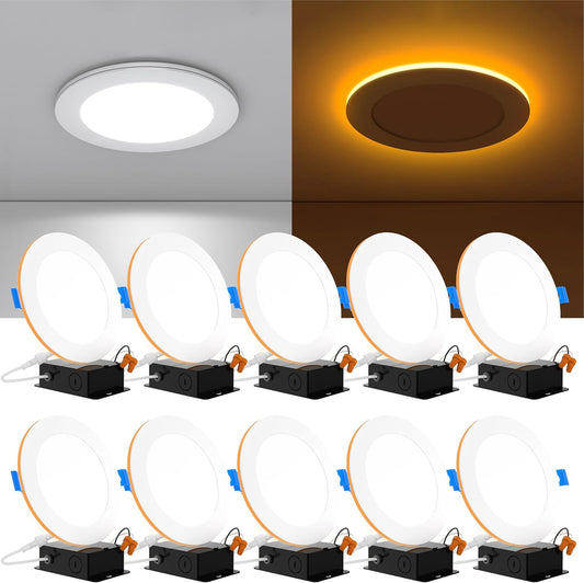 10 Pack 6 Inch Ultra Thin LED Recessed Ceiling Lights Slim with Night Light, 6500K True White, Dimmable, 15W, Wafer Thin, Canless with Junction Box -