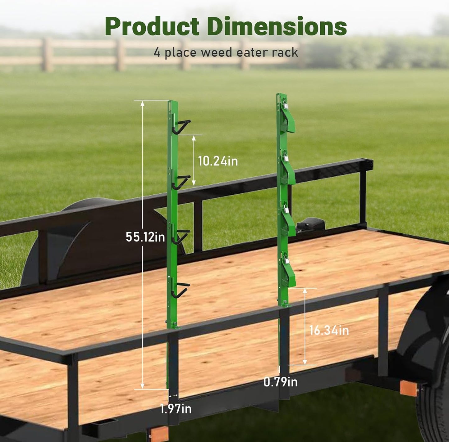 4-Position Weed Eater Racks for Trailer Green Commercial Trimmer Rack with Independent Locks for Open Trailer Work Weedeater Organization Storage Rack Holder