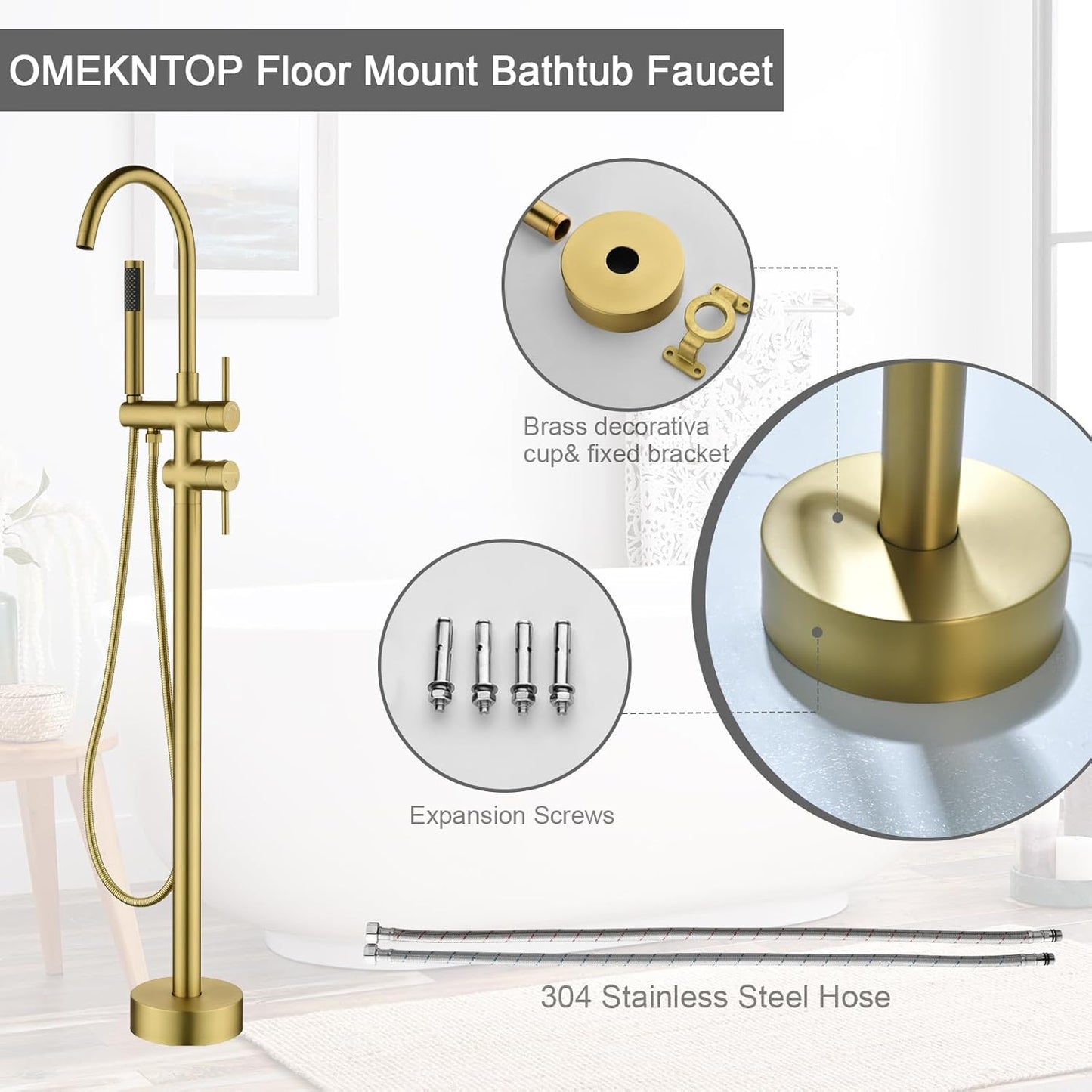 Freestanding Tub Faucets Gold Freestanding Tub Filler Freestanding Bathtub Faucet Floor Mount Bathroom Faucet with Hand Shower Sprayer Freestanding