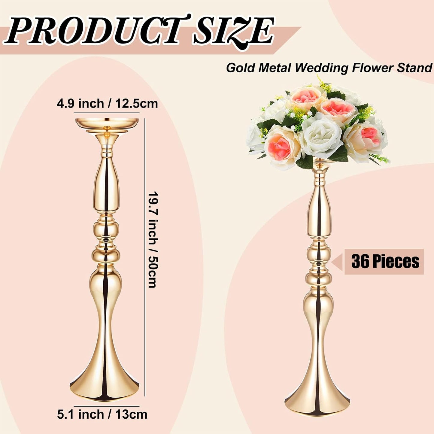 Rtteri 36 Pcs Gold Wedding Centerpiece Table Decoration 20 Inch Tall Metal Flower Stand Wedding Flower Vase Centerpieces for Reception Flower