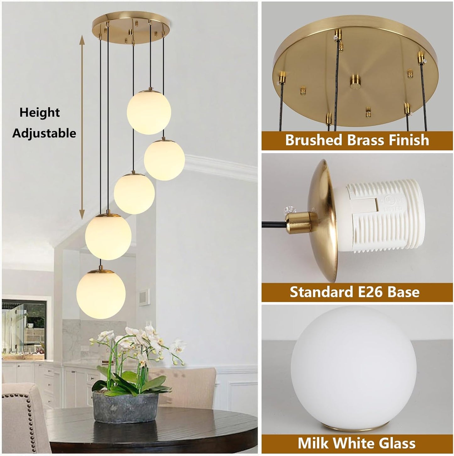 5-Light Globe Cluster Mid Century Modern Chandelier for Dining Room | Brushed Gold Finish, Milk White Glass Pendants, Adjustable Height, for Staircase Kitchen Island