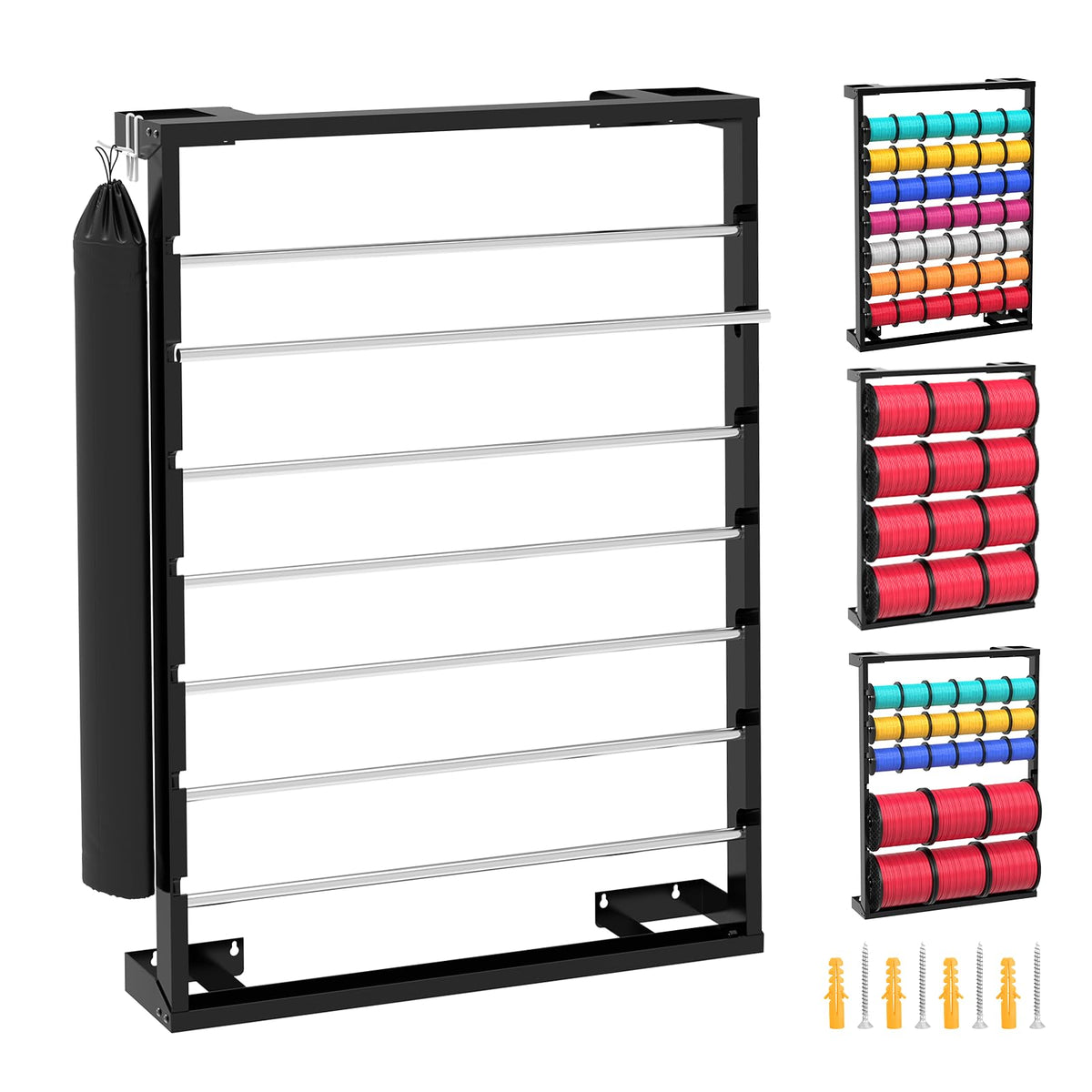 Heavy Duty Wall-Mounted Wire Spool Rack with 7 Adjustable Stainless Steel Rods – Cable Reel Holder and Dispenser Includes Steel Pipe Storage Bag & 10 Hooks for Electrical and Industrial Use (Black)