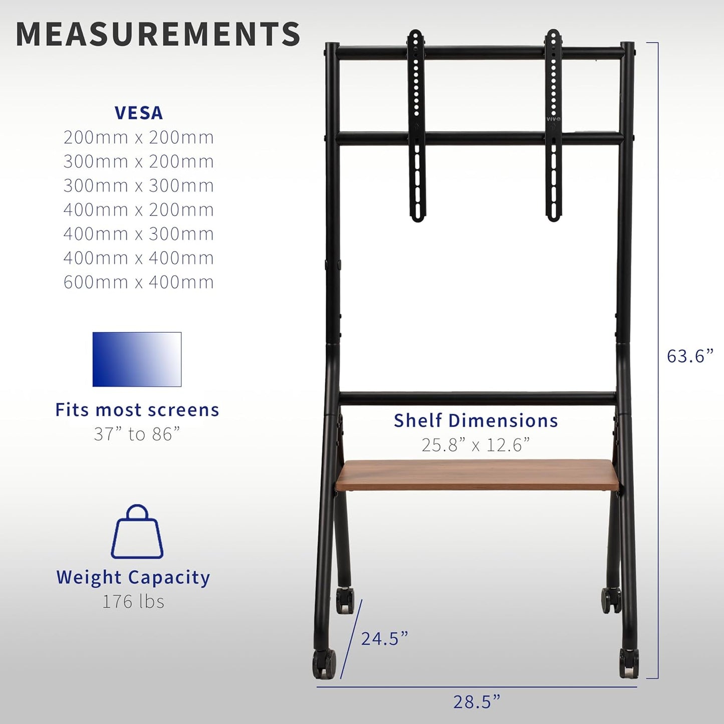 VIVO Rolling 37 to 86 inch Height Adjustable TV Floor Stand with Shelf, Max VESA 600x400mm, Dark Wood Shelf, Black Frame, STAND-TV86RD