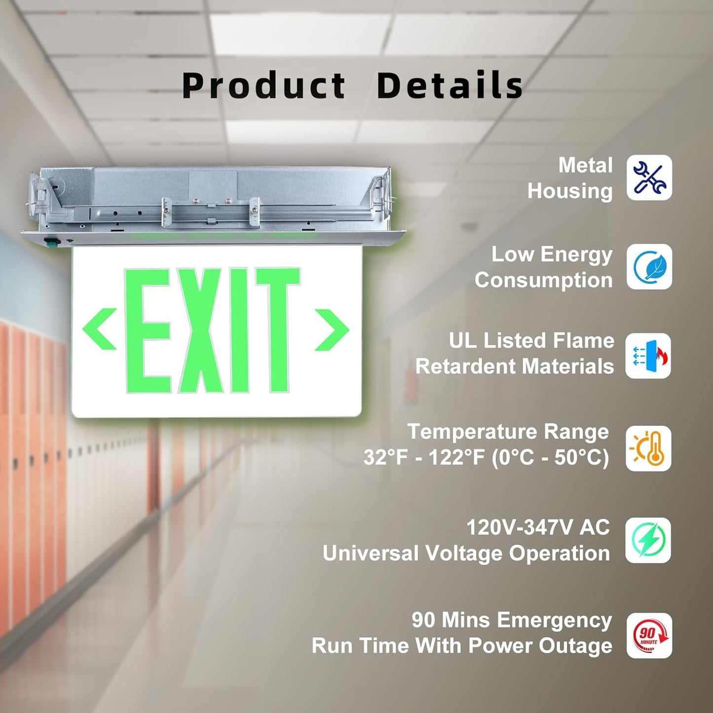 LED Exit Sign Edge-Lit Emergency Light Battery Backup Edge, Double Side/Mirror Acrylic Panel Green