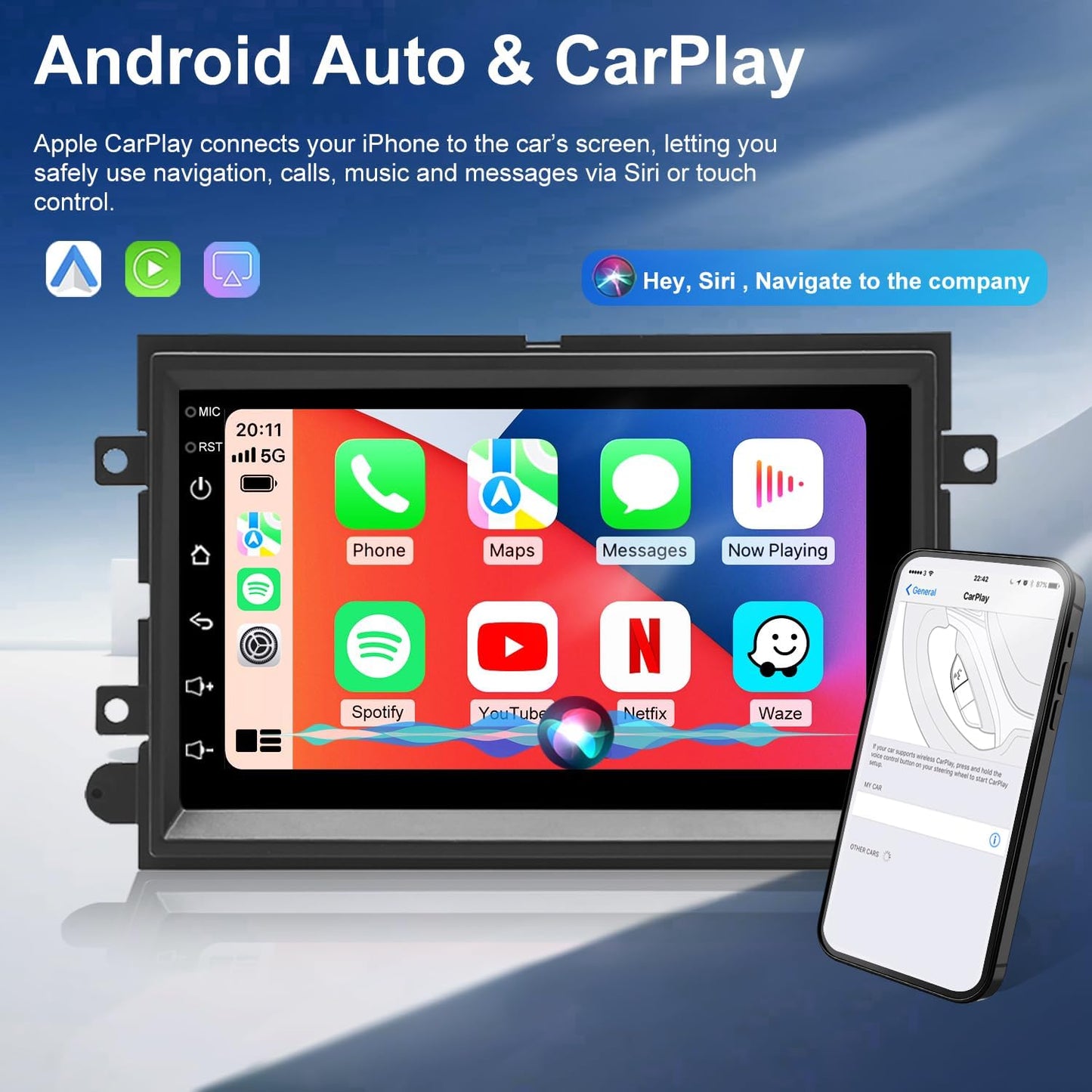 Car Radio for Ford Mustang 2005-2009, Explorer 2006-2010, Edge 2007-2010, Expedition 2007-2014, 7 Inch Touch Screen Stereo Upgrade with Wireless Carplay Android Auto Bluetooth Backup Camera 5GWiFi FM