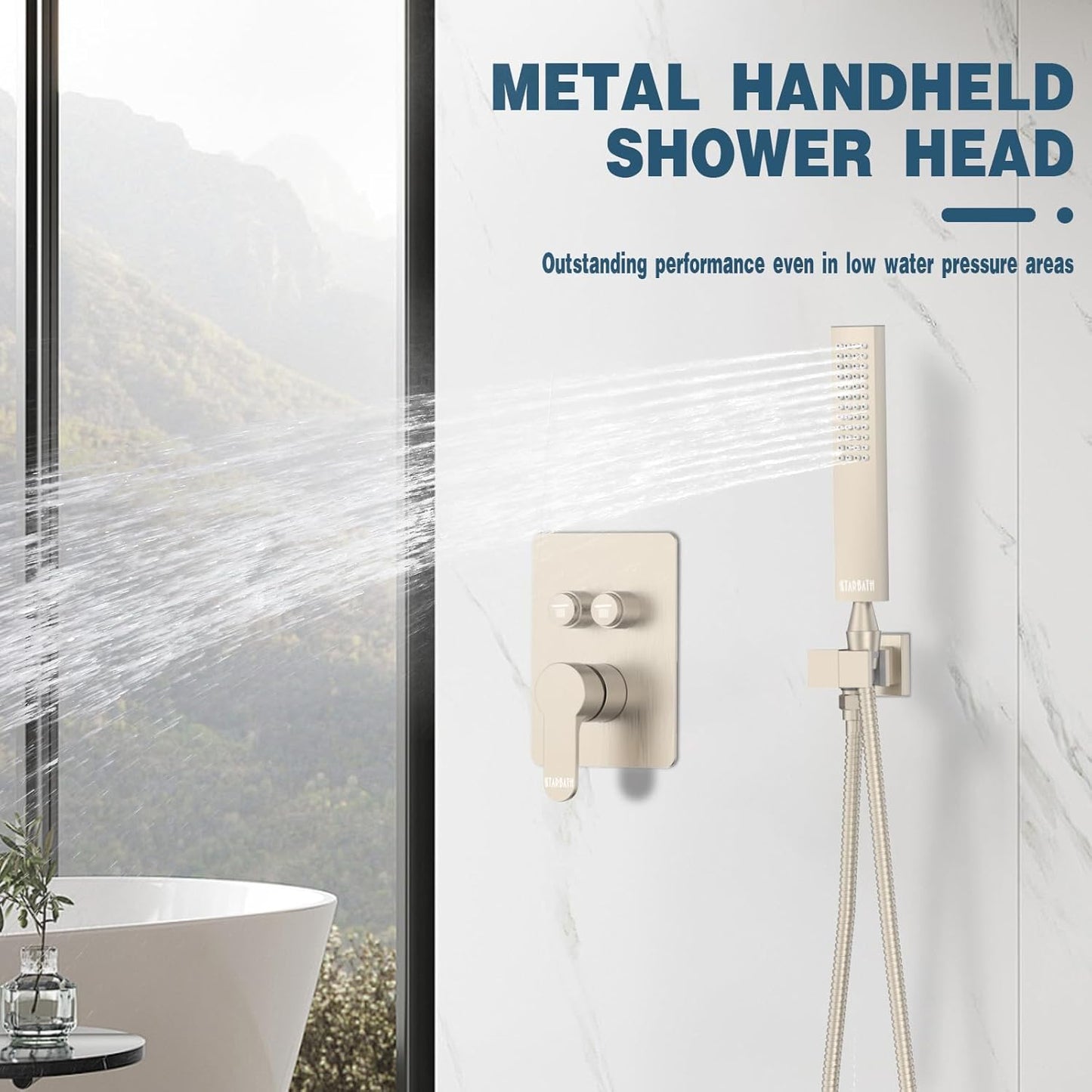 Shower System STARBATH 10 inch Rain Shower System with Handheld Push Button Wall Mounted Shower Systems Brushed Nickel