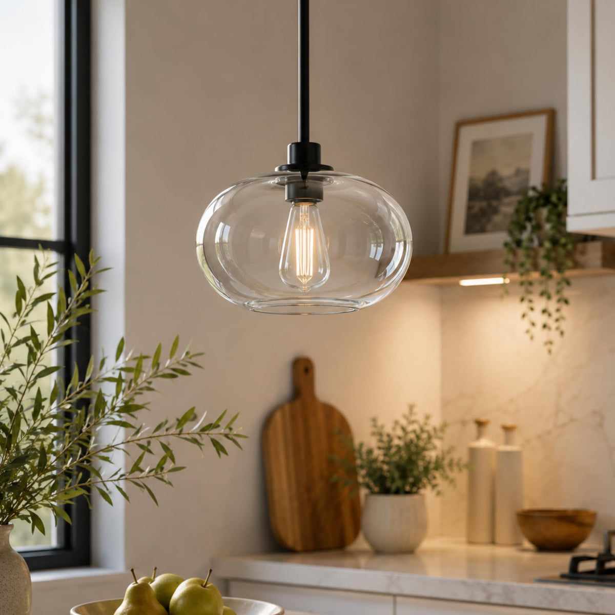 10-Inch Glass Pendant Light for Kitchen Island, Black, IN-PL02-BK Black 1