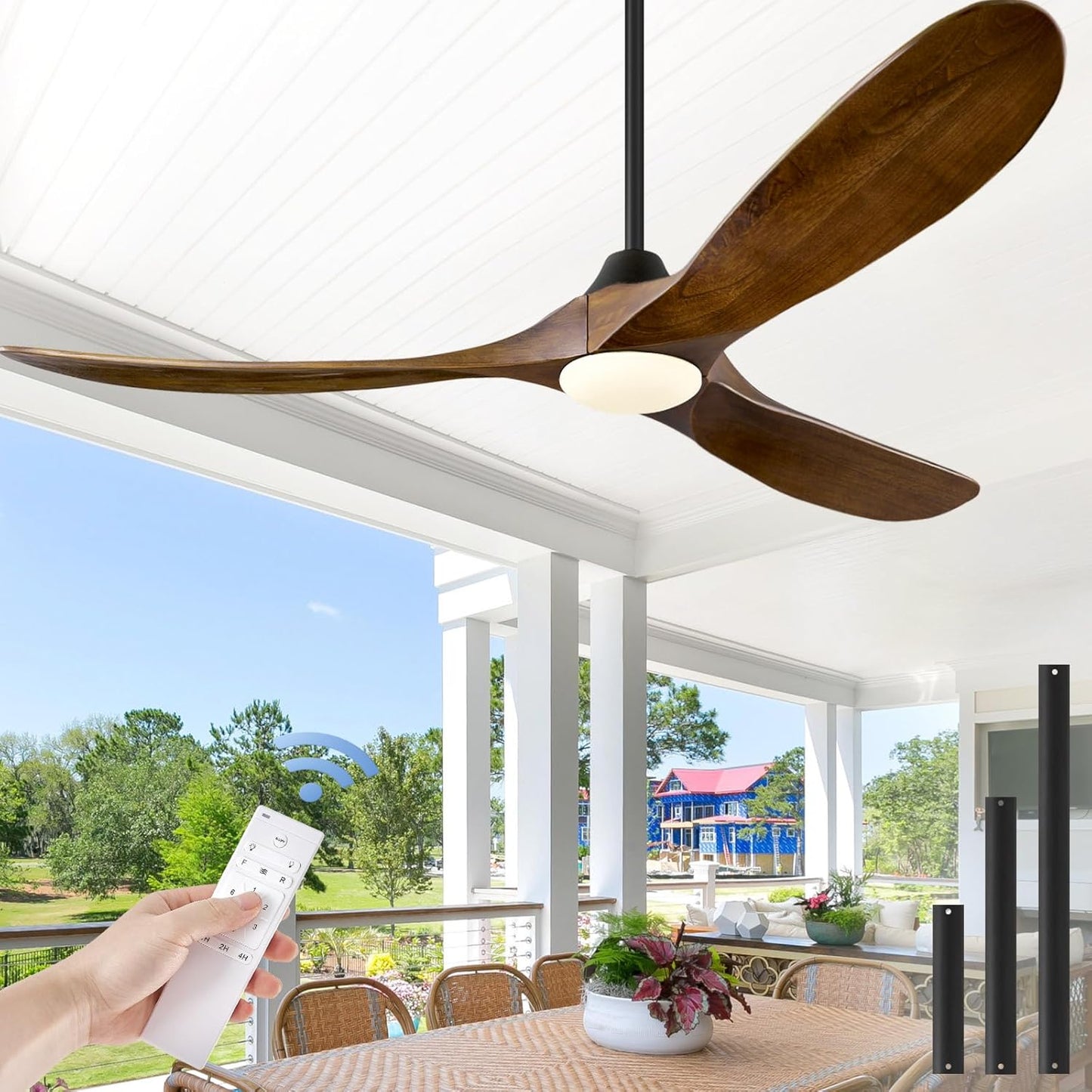 ABZ Ceiling Fans with Lights - 60 inch Propeller Ceiling Fan with Remote Control, 3 Blades Walnut Solid Wood Ceiling Fan for Indoor Outdoor Patio