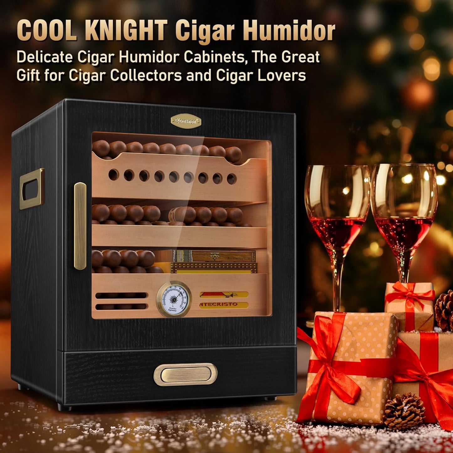 COOL KNIGHT Cigar Humidor Cabinet, Cigar Cabinet Humidor with Spanish Cedar Wood Drawer, Precision Hygrometer, 2 Humidifiers and Cigar Accessories