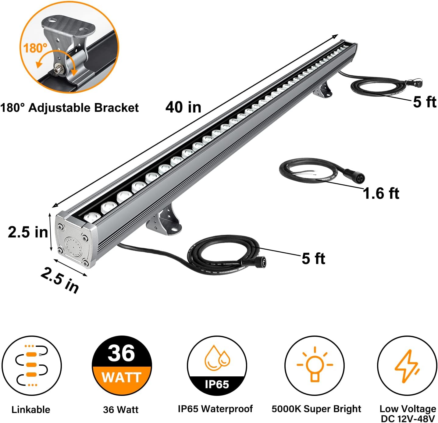 ATCD 36W LED Wall Washer Light Linkable, 5000K Crystal White LED Light Bar, Low Voltage 12V 24V 36V 48VDC Linear Spotlight, Waterproof Outdoor LED