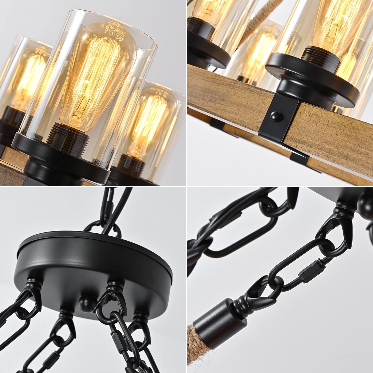 8-Light Farmhouse Chandelier Kitchen Island Light Fixture, Wood Chandeliers, Candle Pendant Light, Glass Lodge and Tavern Pendant Lighting 480W Max