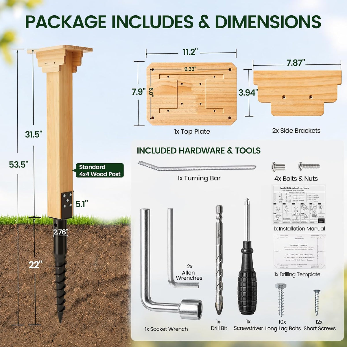 Little Library Mount Kit, No-Dig 4x4 Ground Anchor & Waterproof Wood Post