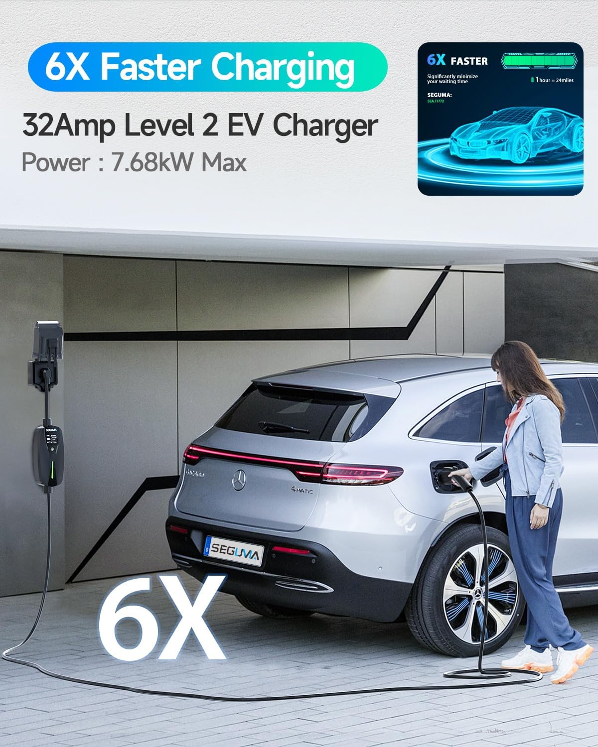 Level 2 EV Charger 32A 240V with NEMA 14-50 Plug, 7.68kW Portable Electric Vehicle Charger with SAE J1772 Connector and 25ft Cable, Adjustable