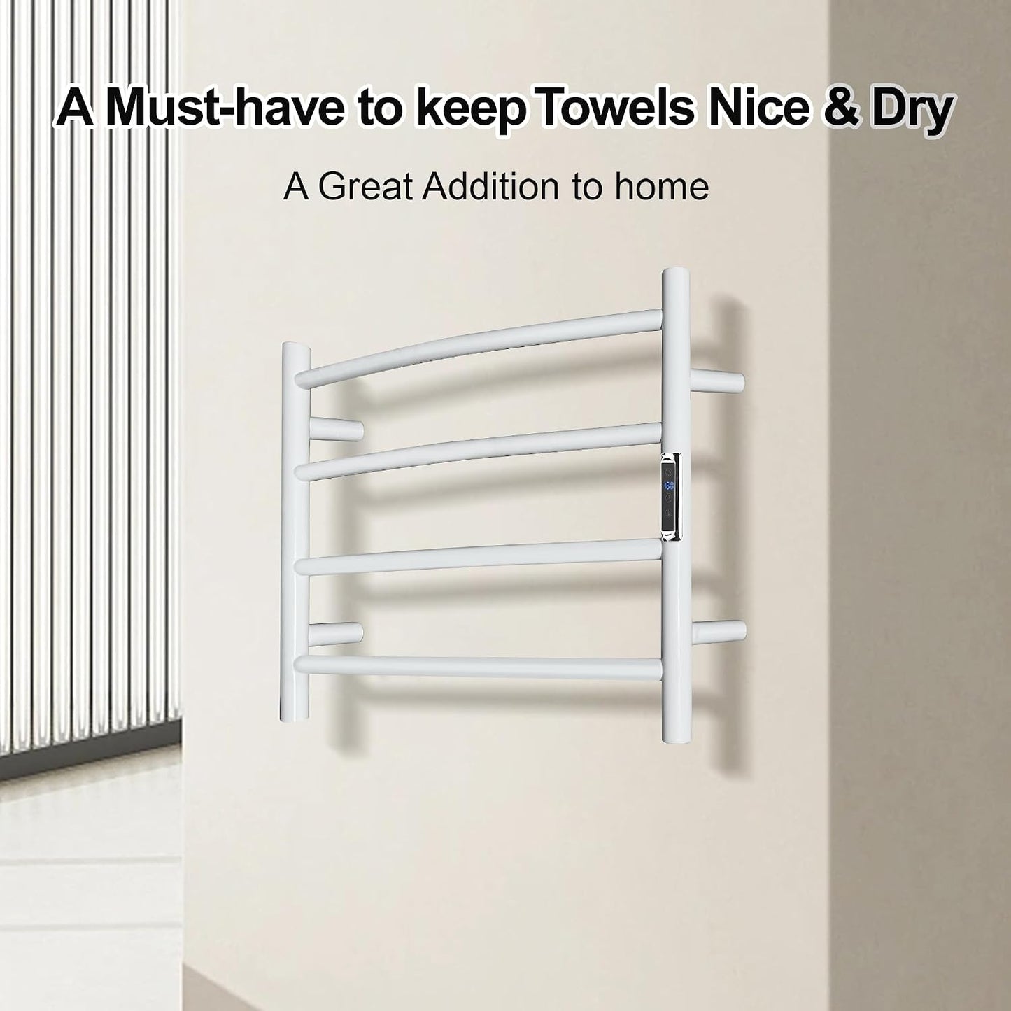 Towel Warmer with Built-in Timer Bathroom Wall Mounted Bath Towel Heater Plug-in Electric Heated Towel Rack Stainless Steel Curved Round Oil Rubbed Drying Rack 16.54x23.62x5.51 inches White 4 Bar Round Bright White With Timer