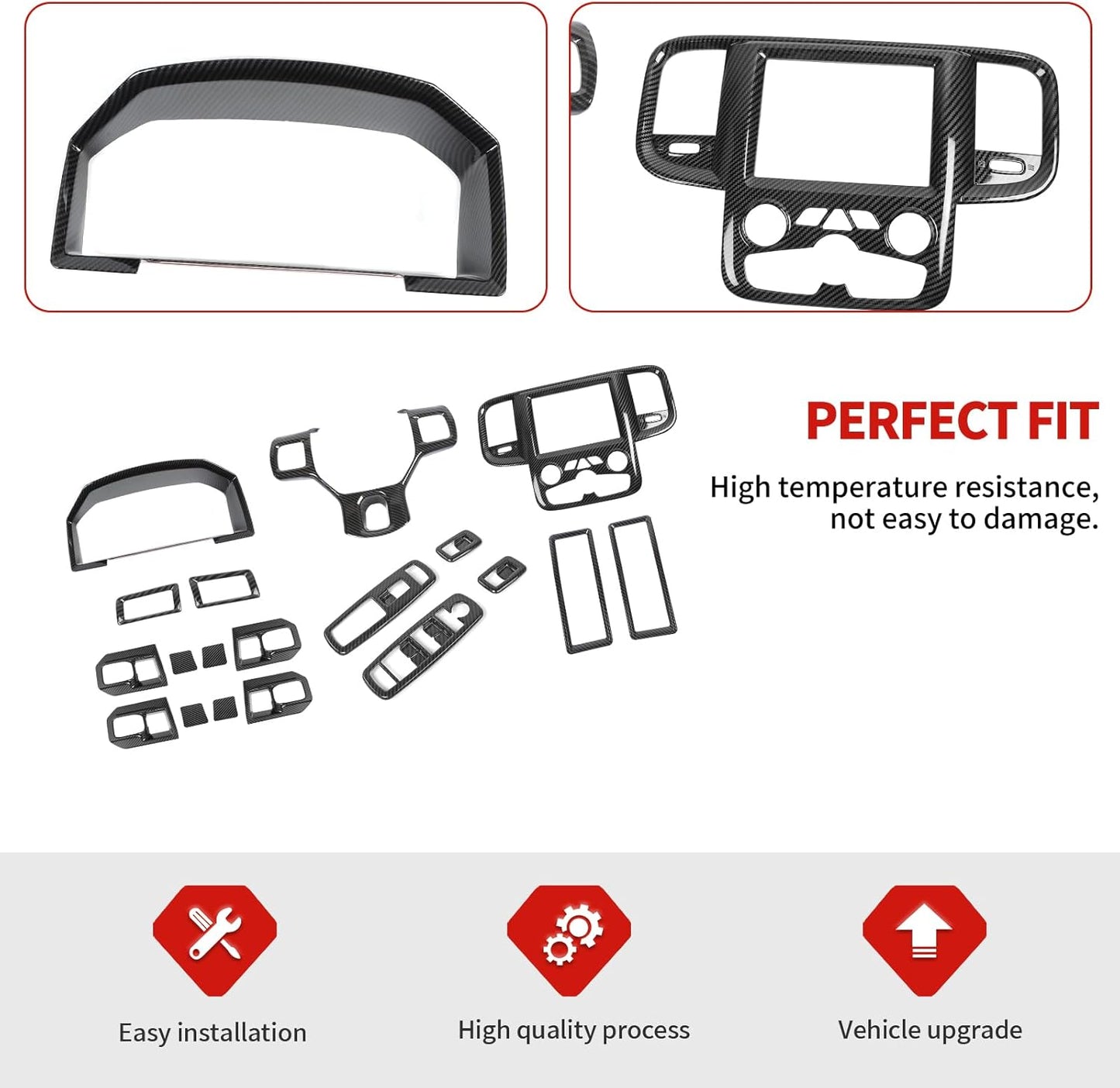 Jimen Fit for Dodge Ram 2011-2017, 19PCS Carbon Fiber Interior Kits - Dashboard Cover, Navigation Panel, Side Air Vent Trim, Inner Door Handle Bowl, Window Lift Switch Panel