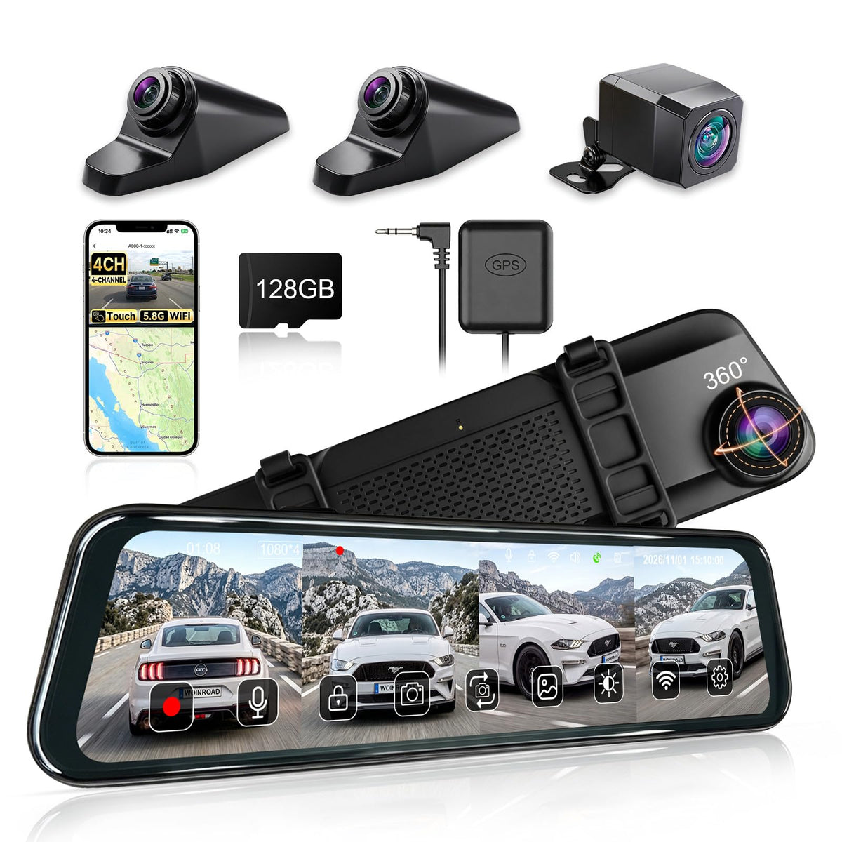4CH 360 Mirror Dash Cam Front Rear WiFi GPS 128GB SD