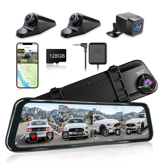 4CH 360 Mirror Dash Cam Front Rear WiFi GPS 128GB SD