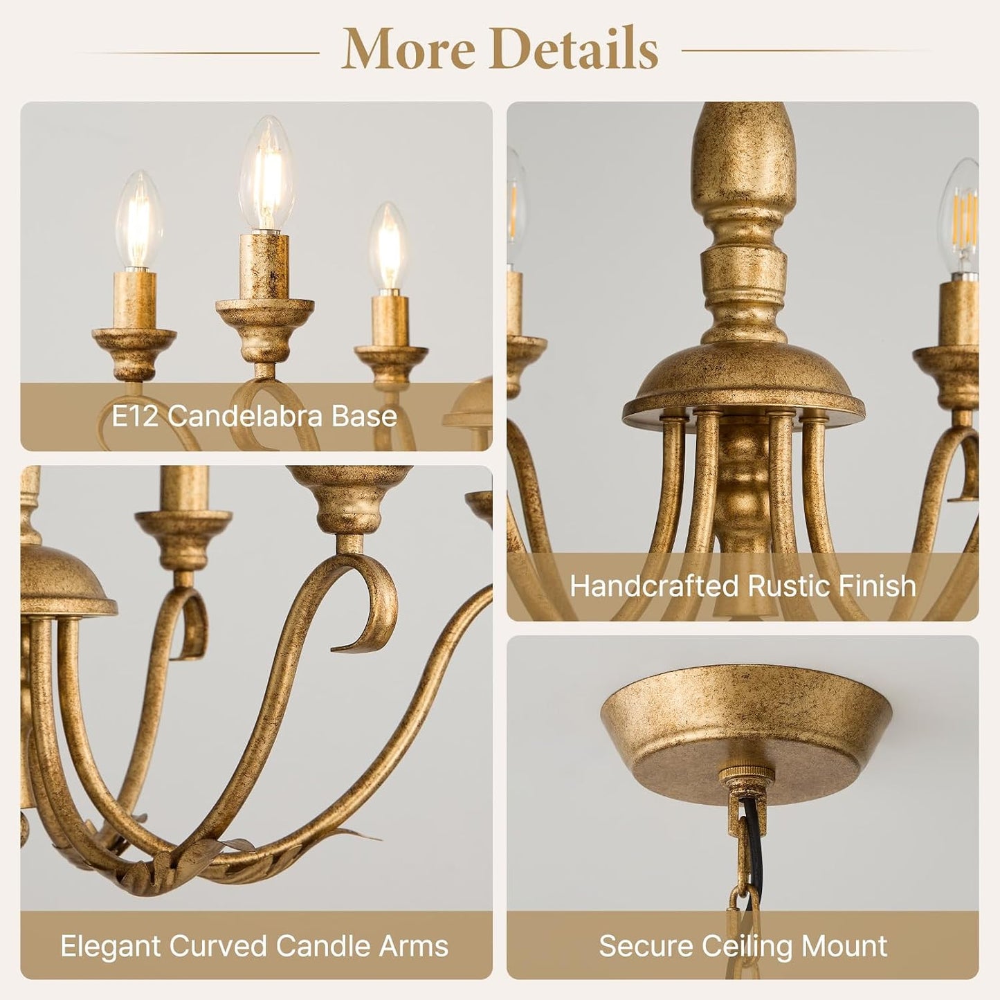 Farmhouse Vintage Antique Brass Chandelier - 6 Light Cottage Rustic Candle Chandeliers - Adjustable Chain Distressed Gold Pendant Lighting Fixture for Dining Room Living Room Kitchen Bedroom Entryway