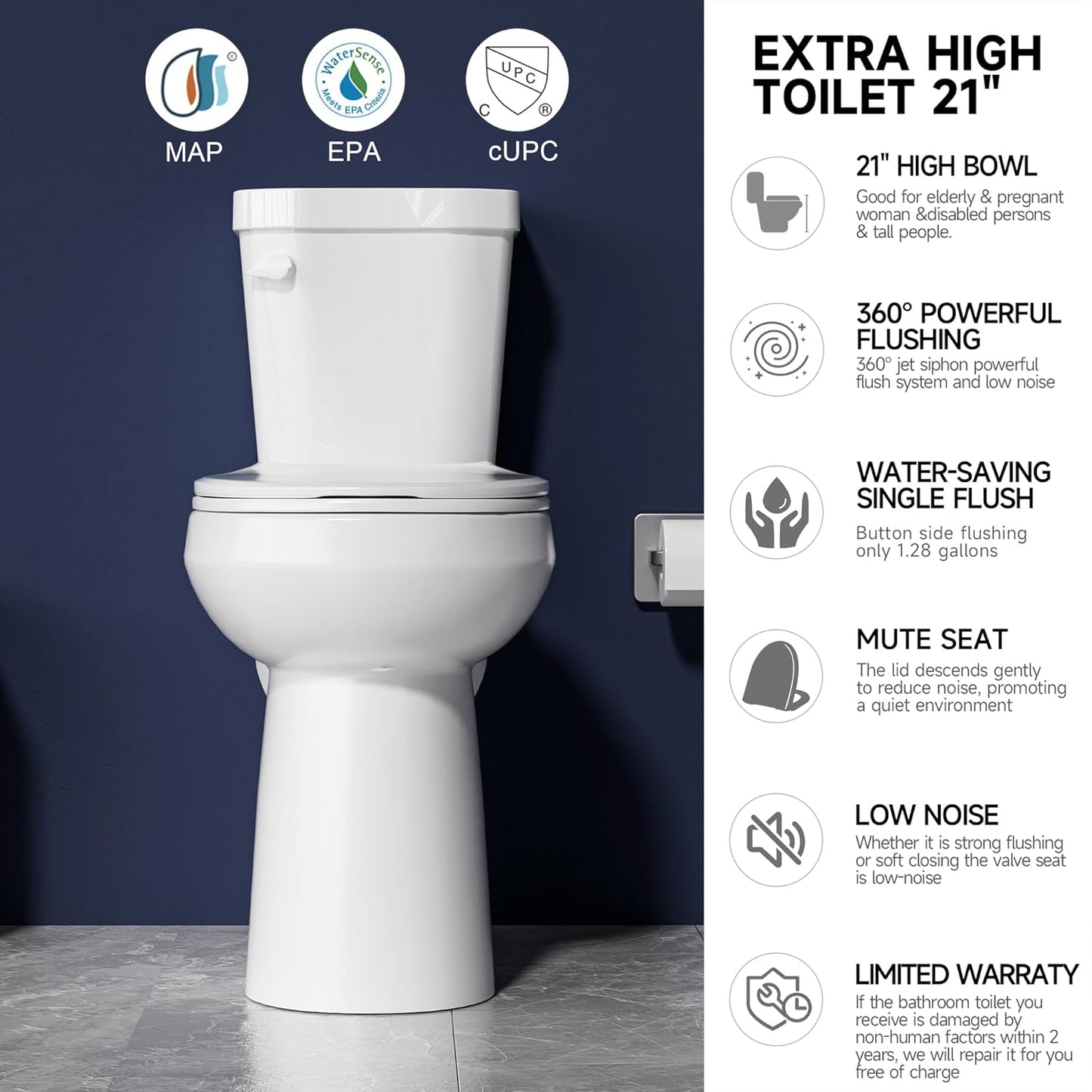 Extra Tall Toilet 21 Inch - High Toilet for Seniors, Round Bowl Toilet Single Flush 1.28 GPF, Comfort Bowl Height Toilet for Small Bathroom, Glossy