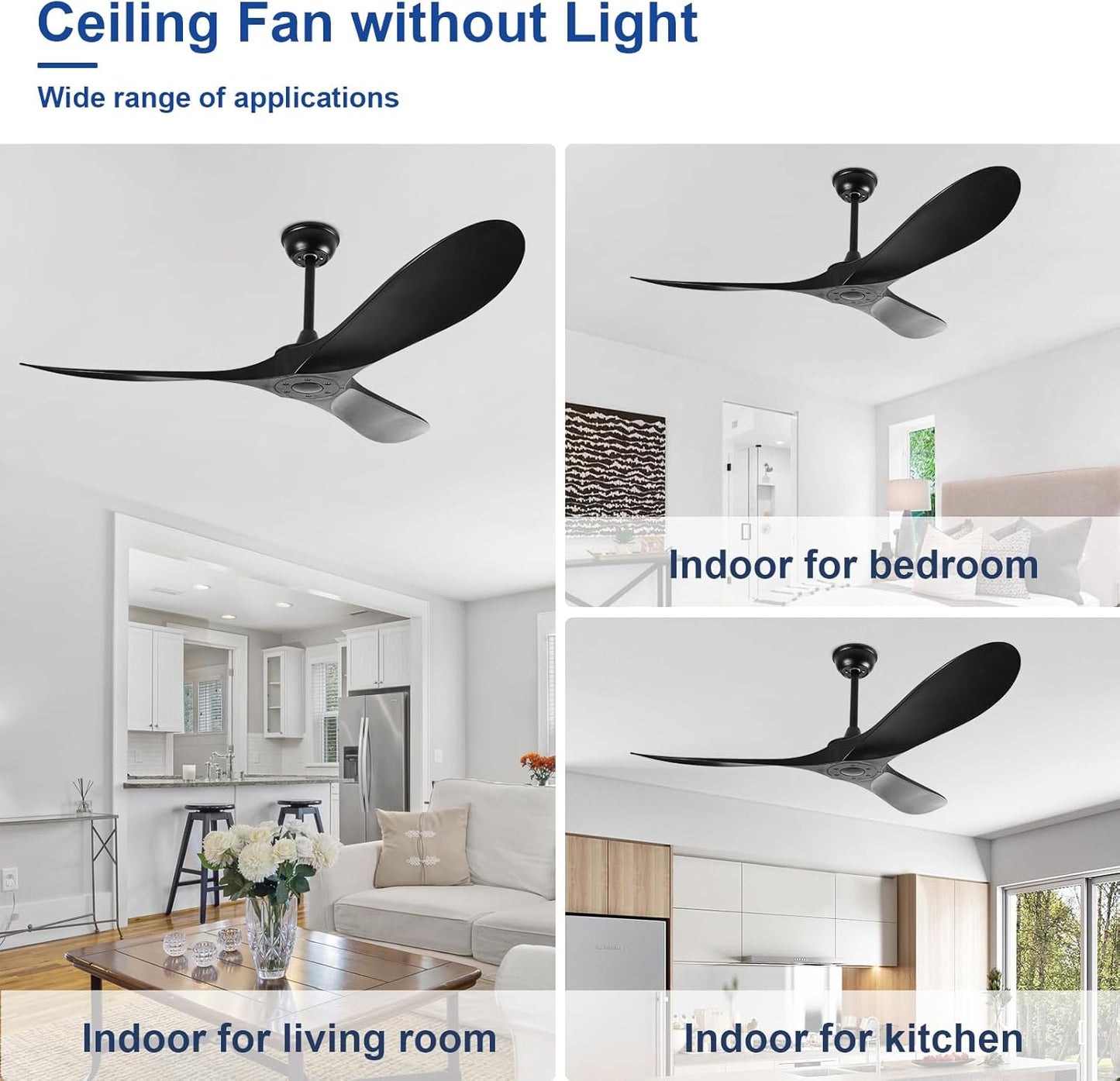 60' Ceiling Fan, No Light, with Remote Control,Outdoor Ceiling Fan with DC Reversible and Silent Motor,3 Plastic Blades,Black Ceiling Fan for