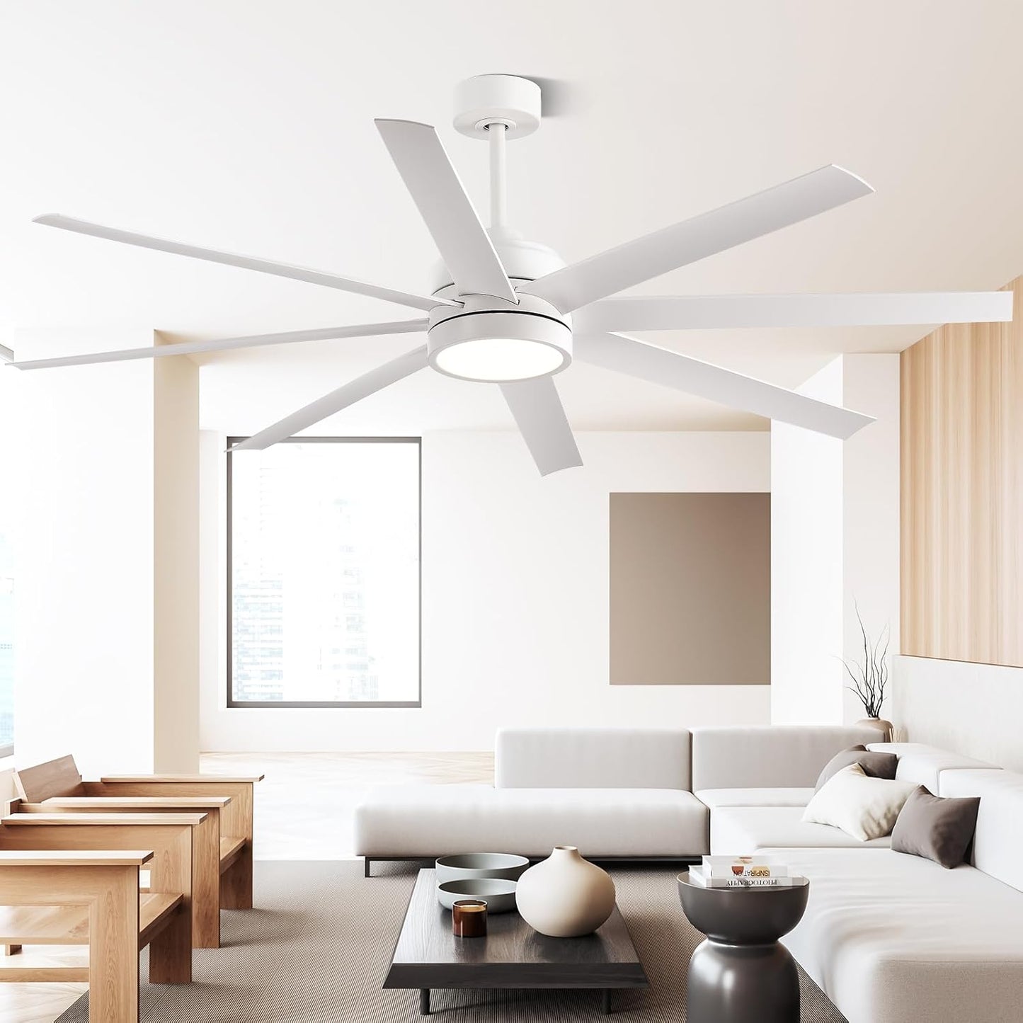 Modern Ceiling Fans with Lights, 65 Inch Ceiling Fans with Remote for Bedroom Living Room Kitchen, 8 Blades 6 Speed Reversible Quiet DC Motor White