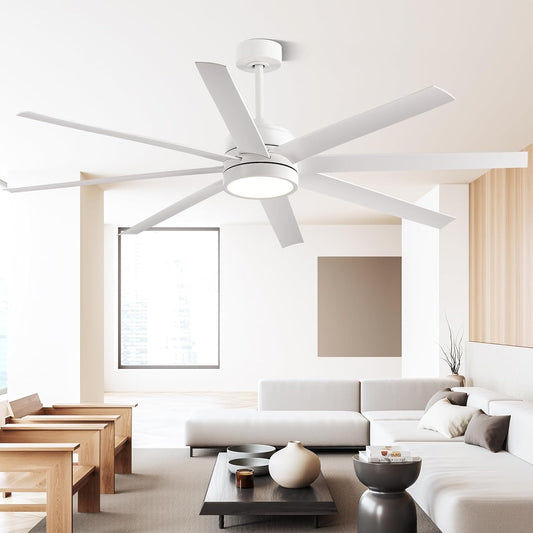 Modern Ceiling Fans with Lights, 65 Inch Ceiling Fans with Remote for Bedroom Living Room Kitchen, 8 Blades 6 Speed Reversible Quiet DC Motor White