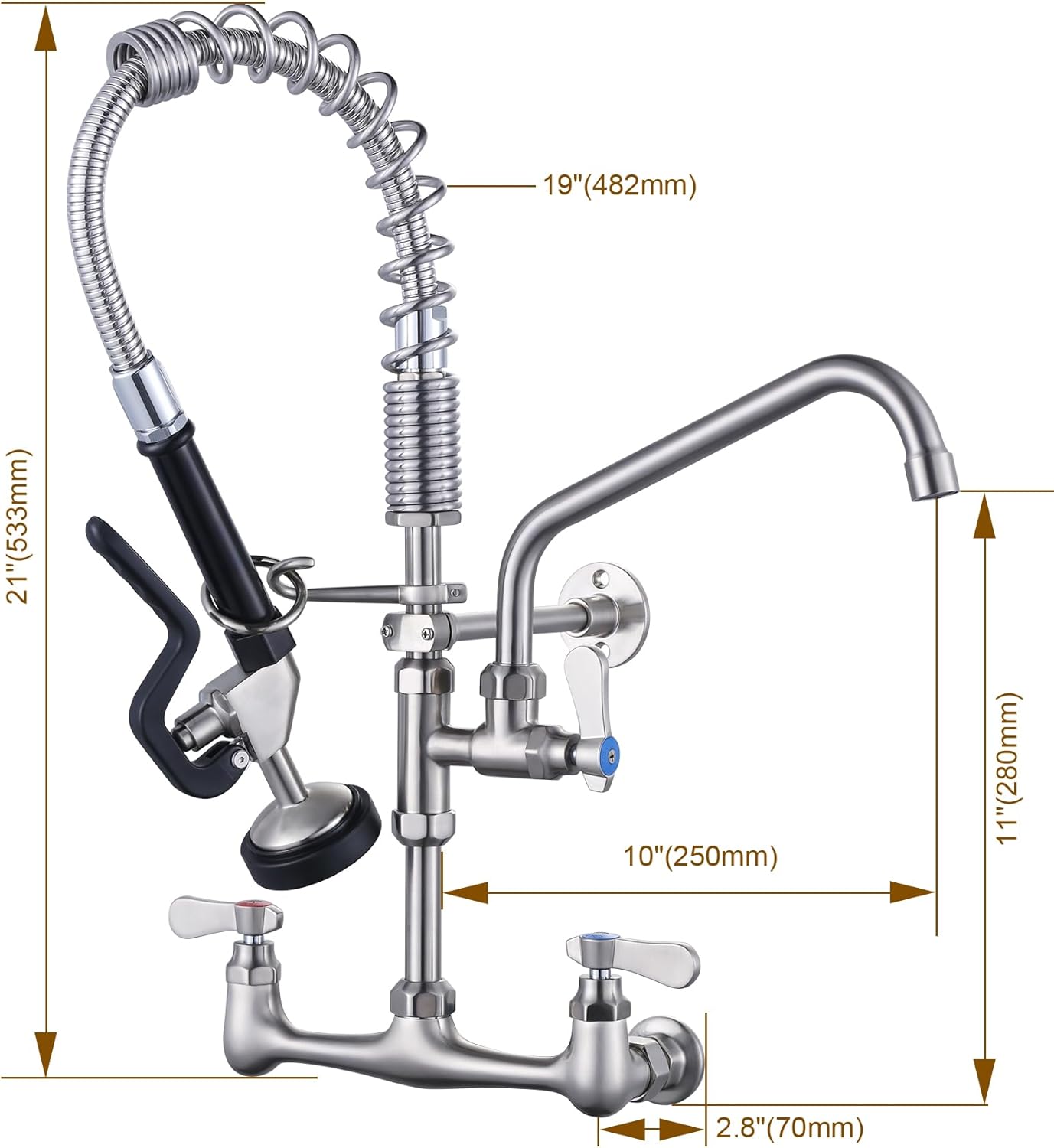 Commercial Kitchen Sink Faucet 21in, Wall Mount Kitchen Faucet with Sprayer, 3 Compartment Sink Faucet for Commercial Restaurant Kitchen