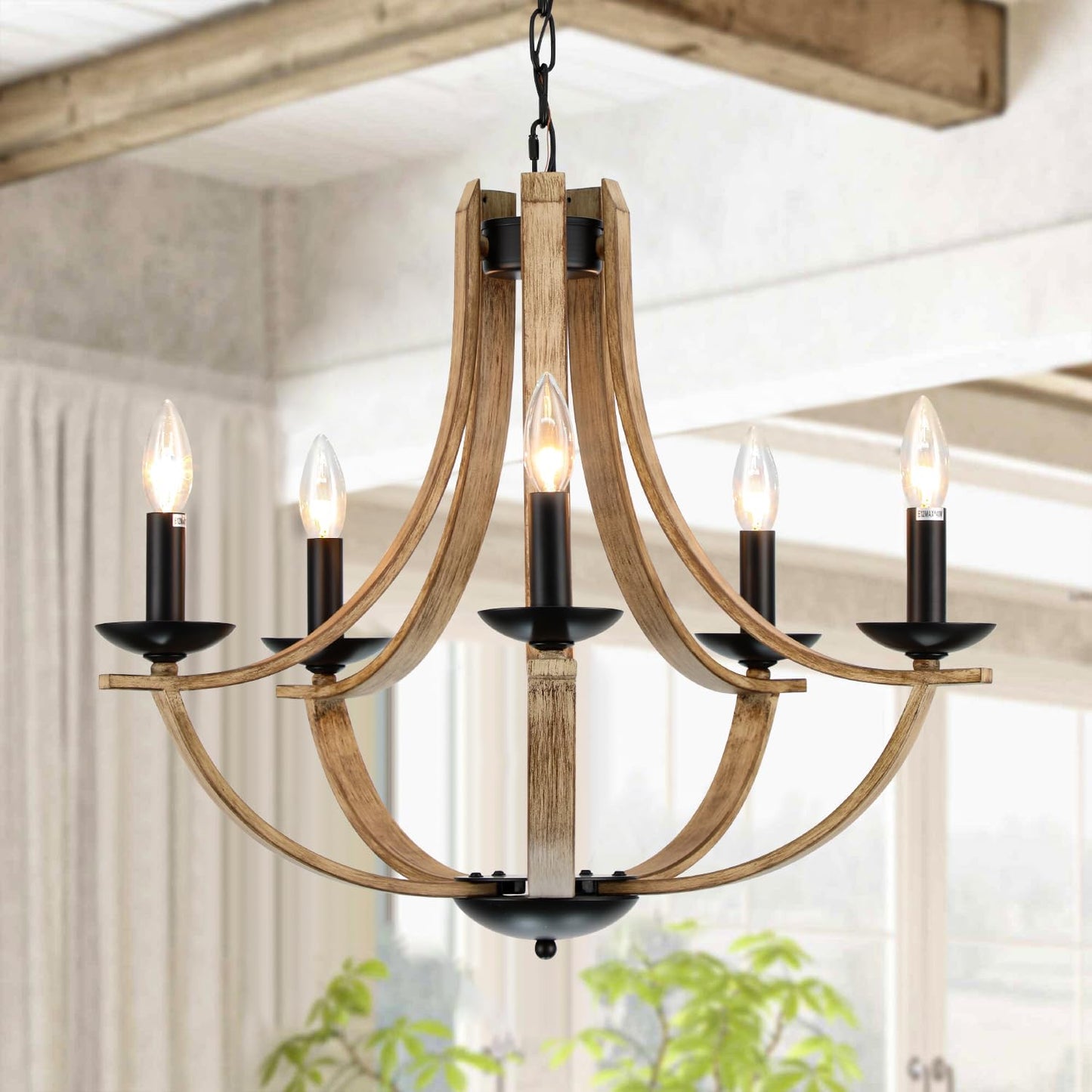 Farmhouse Chandeliers for Dining Room Light Fixture, 5-Light 24 inch Faux Wood Texture Hanging Lighting Fixtures, Rustic Candle Chandeliers for