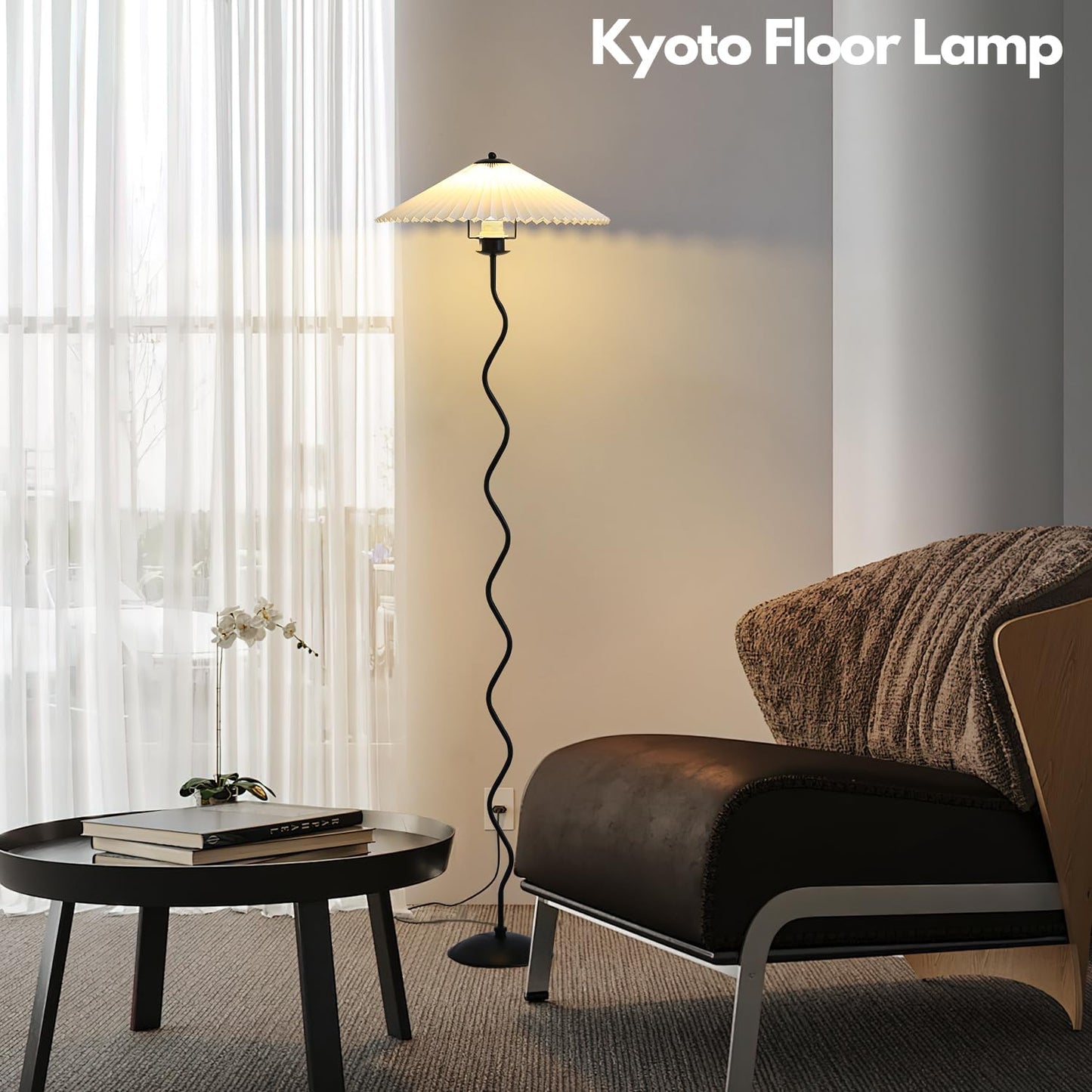 Huga Collective Kyoto Floor Lamp | Small Pleated Lamp | Squiggle Pleated Wavy Floor Lamp | for Bedroom Office and Living Room